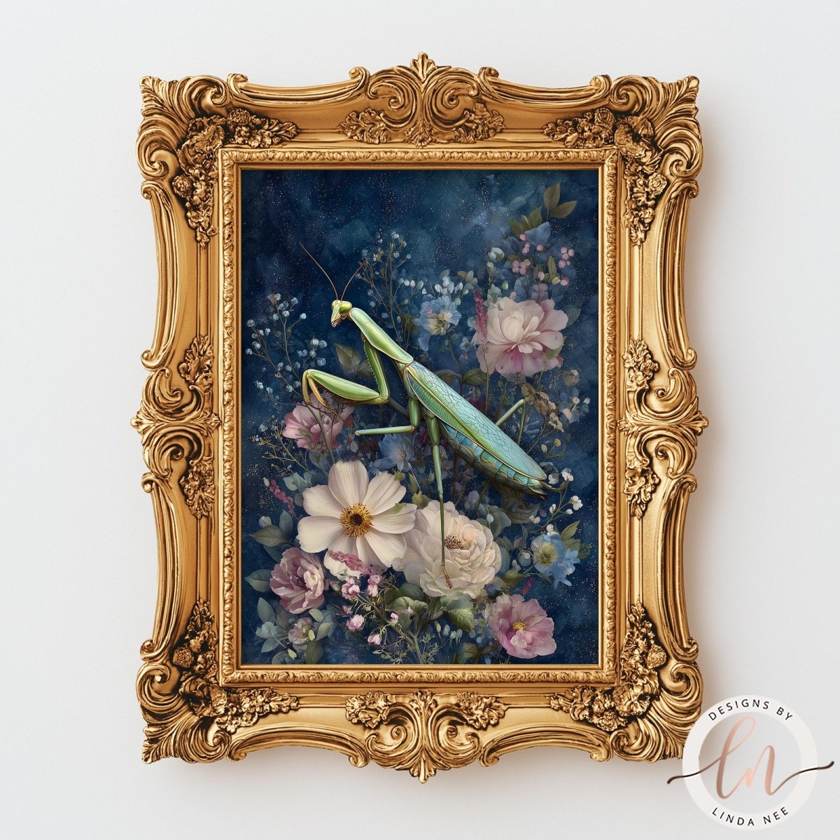 a framed painting of a praying mantis surrounded by a floral arrangement.