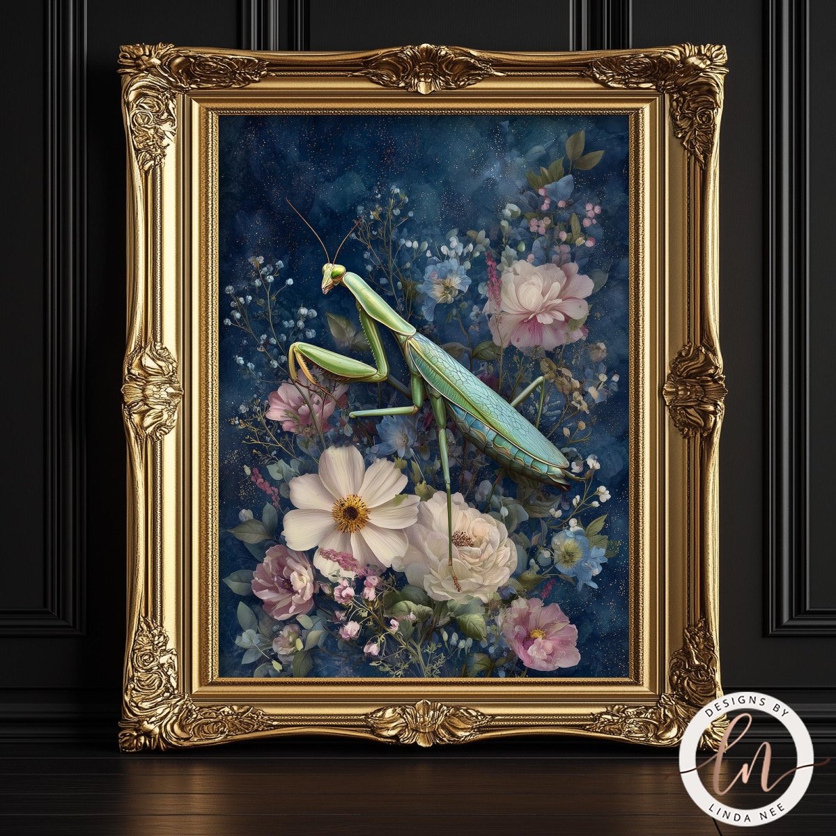A framed painting depicting a praying mantis surrounded by a vibrant floral arrangement, including white and pink flowers, against a dark blue background.