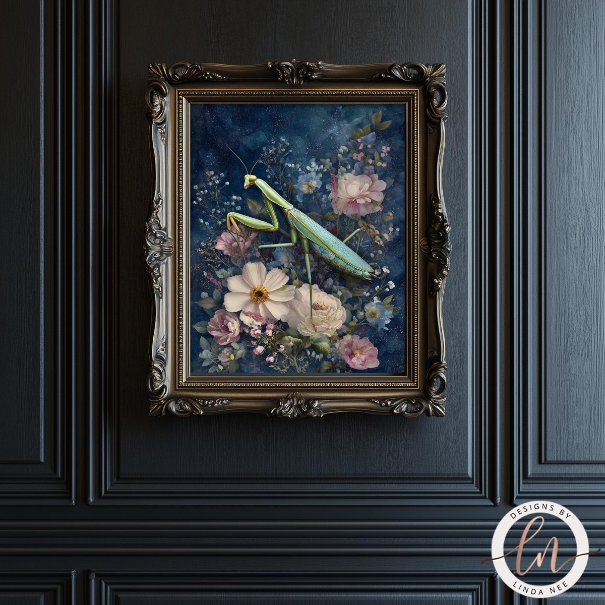 A framed painting of a praying mantis surrounded by a floral arrangement is displayed on a dark paneled wall.