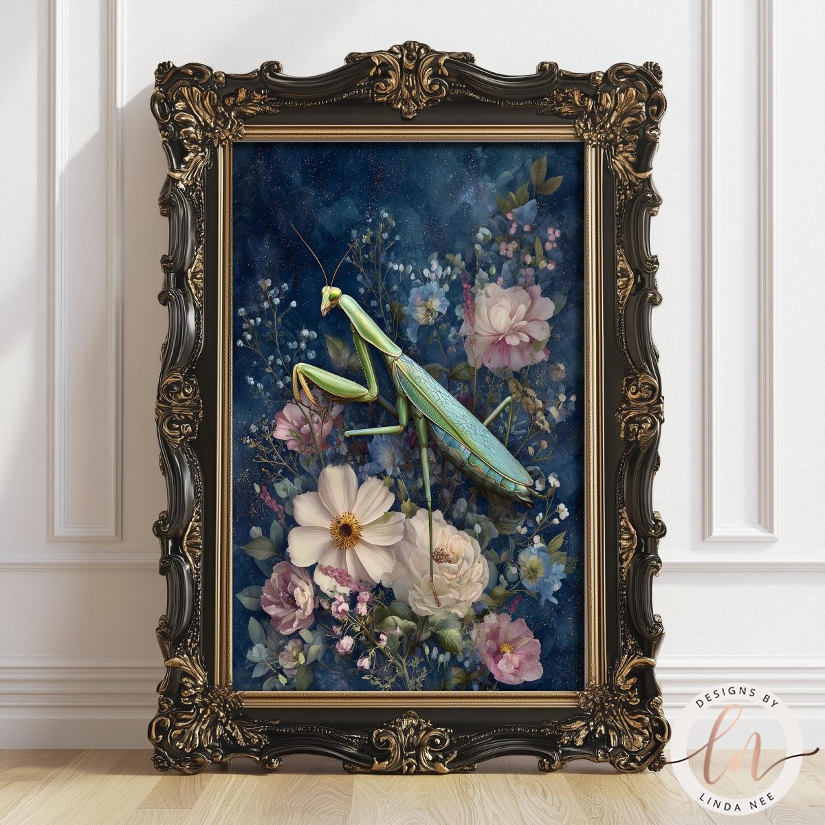 a framed painting of a praying mantis surrounded by a floral arrangement.