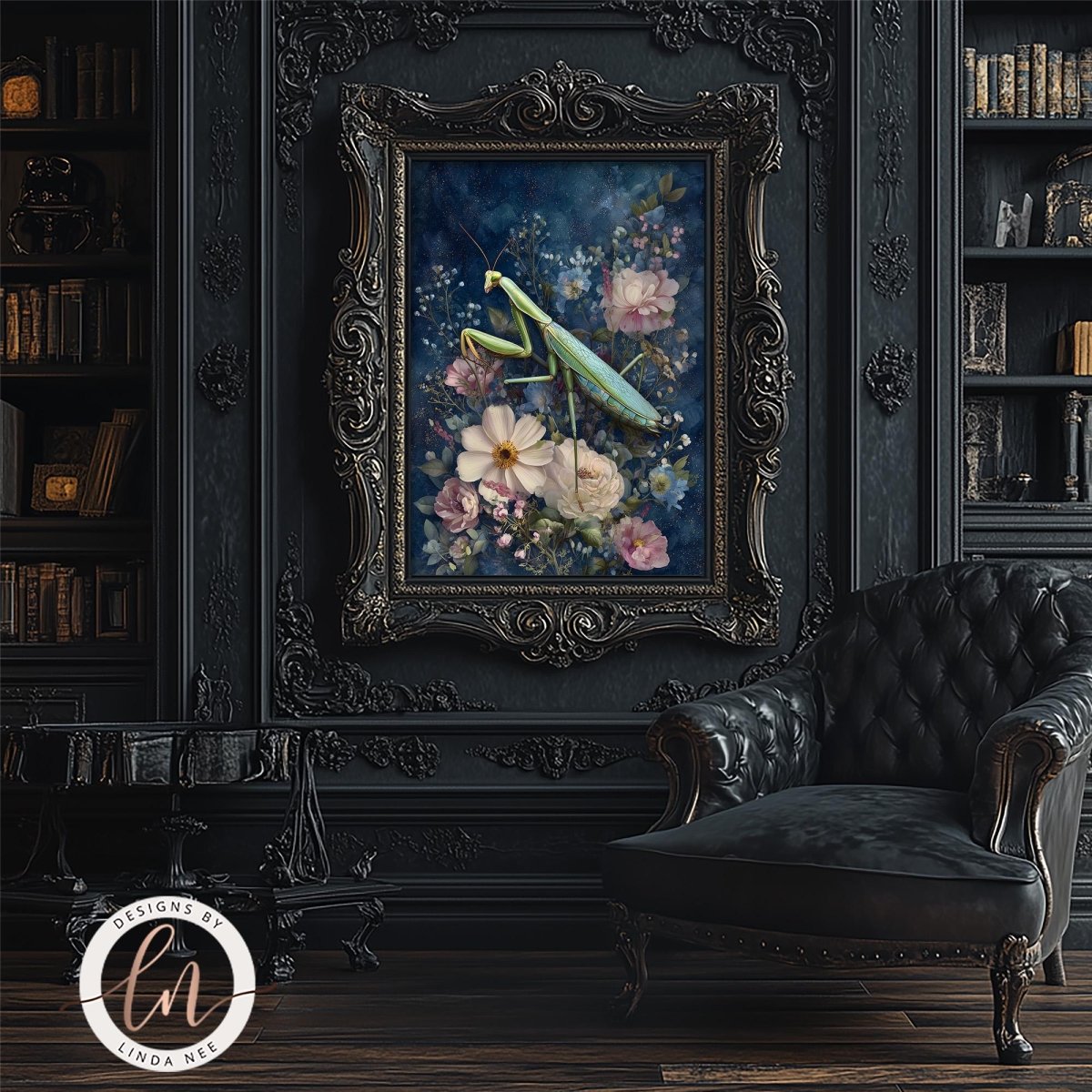 a large painting of a praying mantis surrounded by flowers, hanging on a dark wall in a room with a black leather chair and a bookshelf.