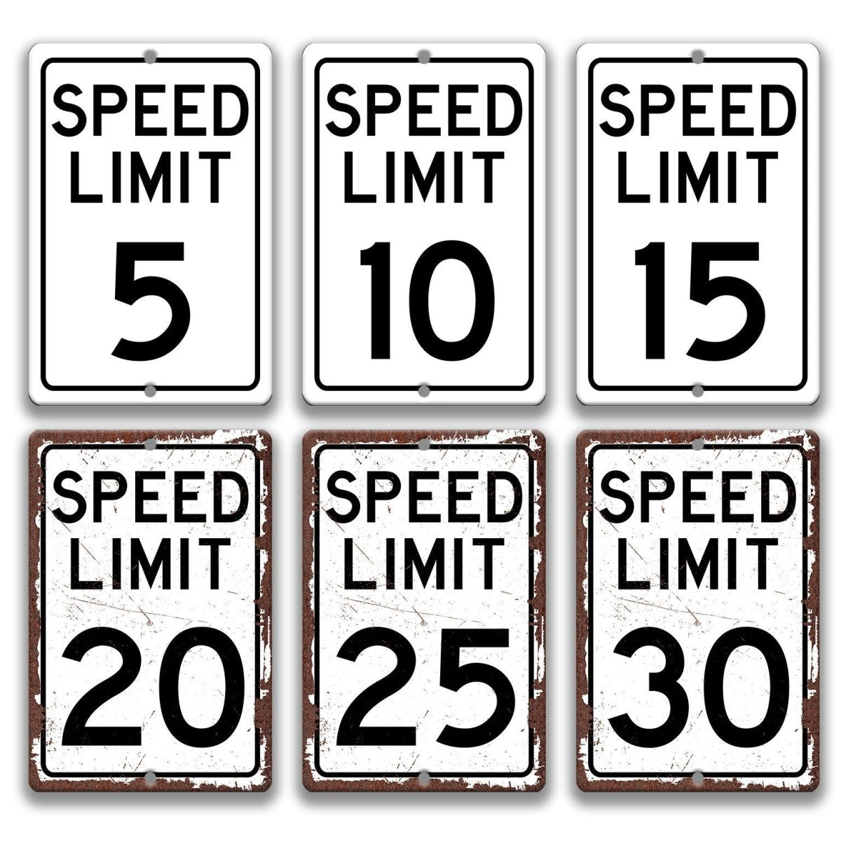 six white traffic signs with black text indicating different speed limits.