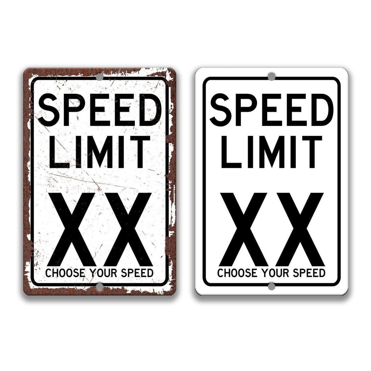 two identical speed limit signs with the text "SPEED LIMIT XX" and the phrase "choose your speed" below the large "XX" symbol.