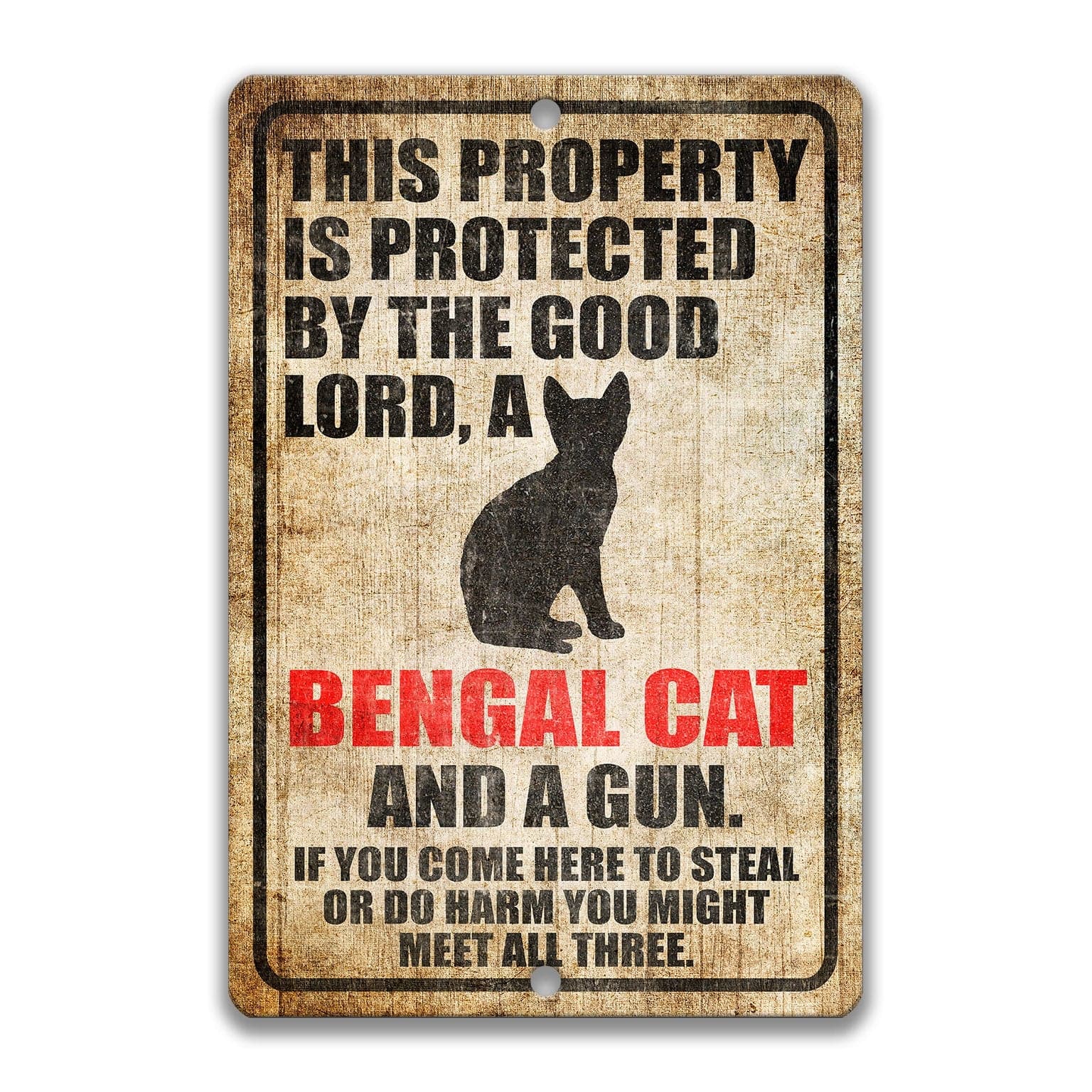 Property Protected by the Good Lord, a Bengal Cat, and a Gun Cat Sign