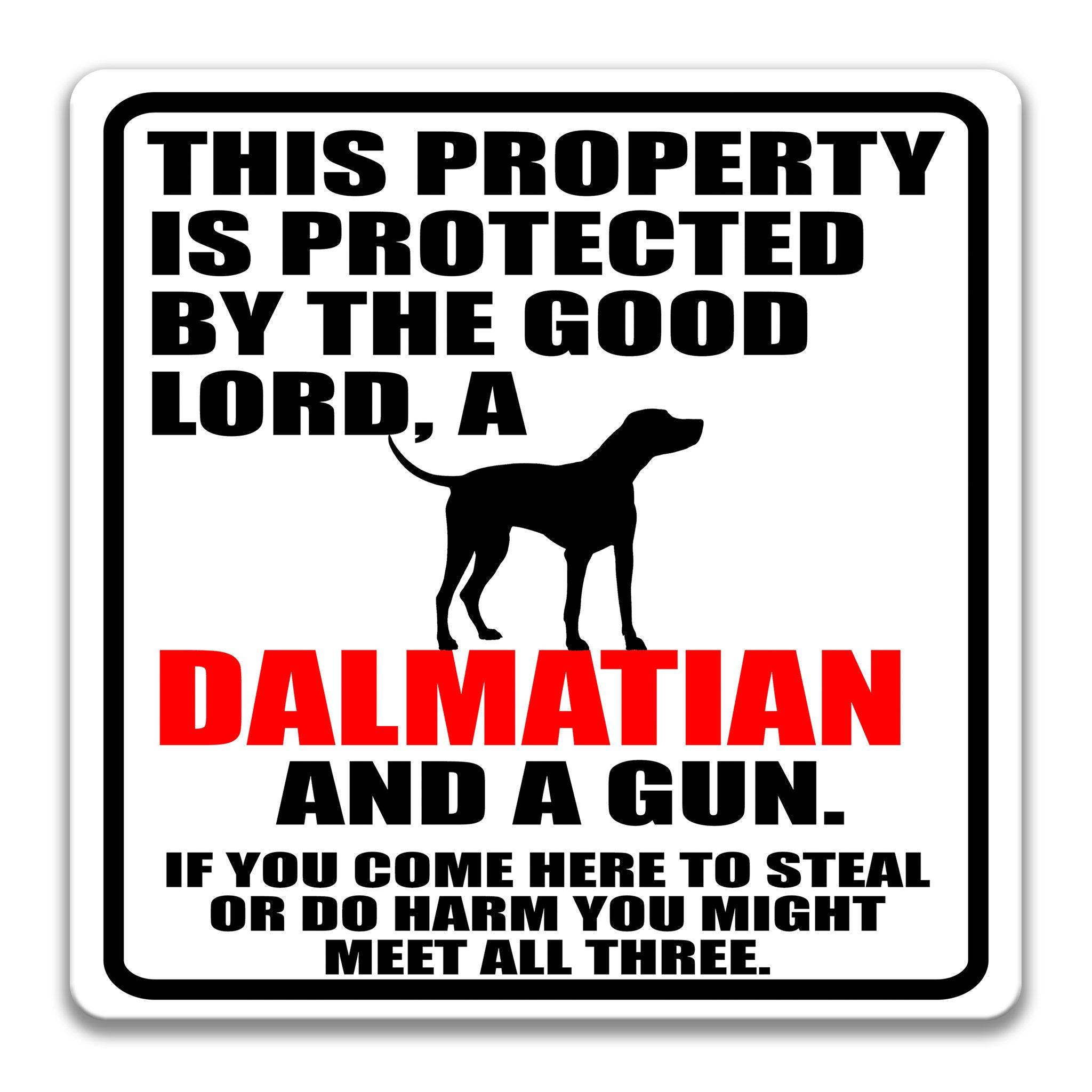 Property Protected by the Good Lord, a Dalmatian, and a Gun Dog Sign
