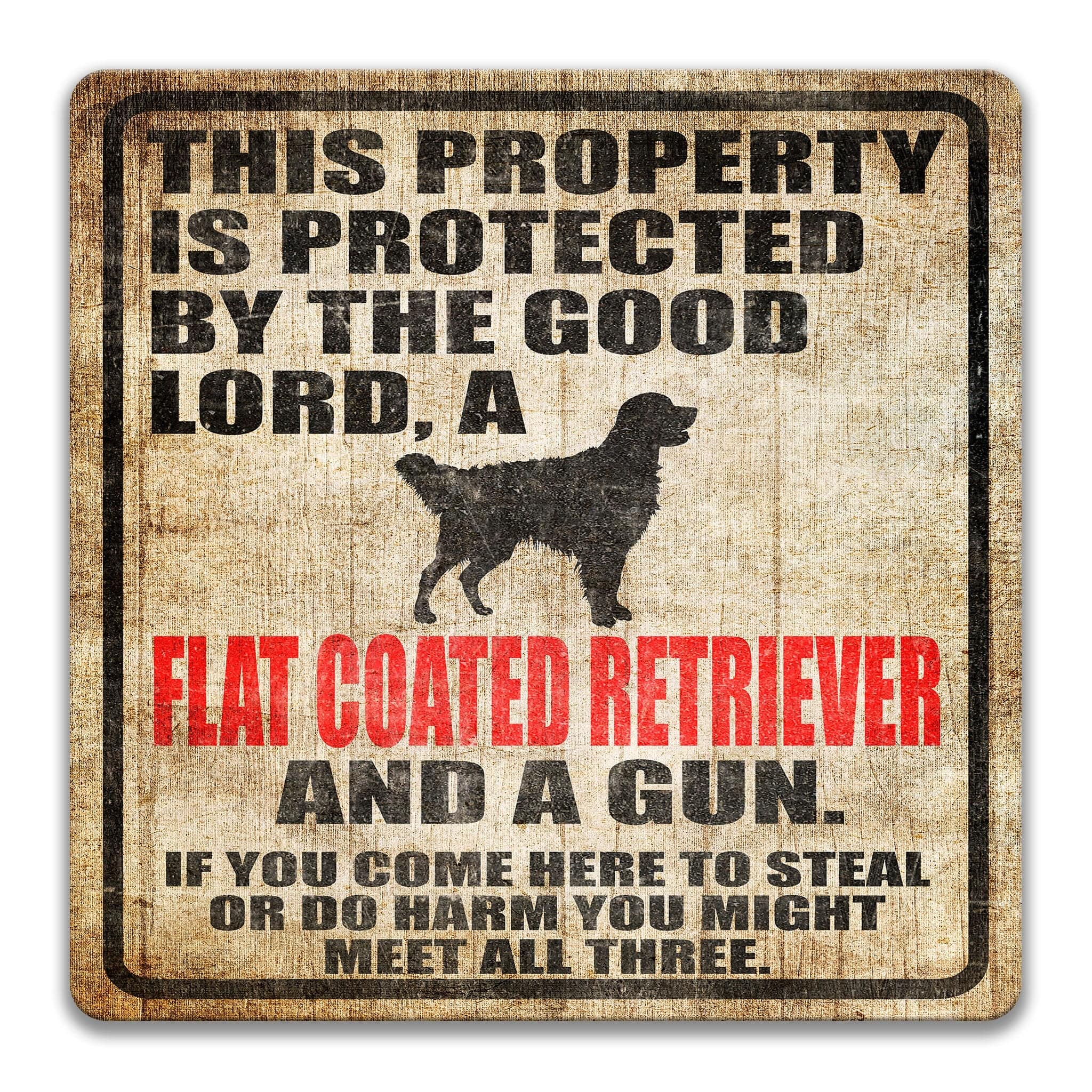 Property Protected by the Good Lord, a Flat Coat Retriever, and a Gun Dog Sign