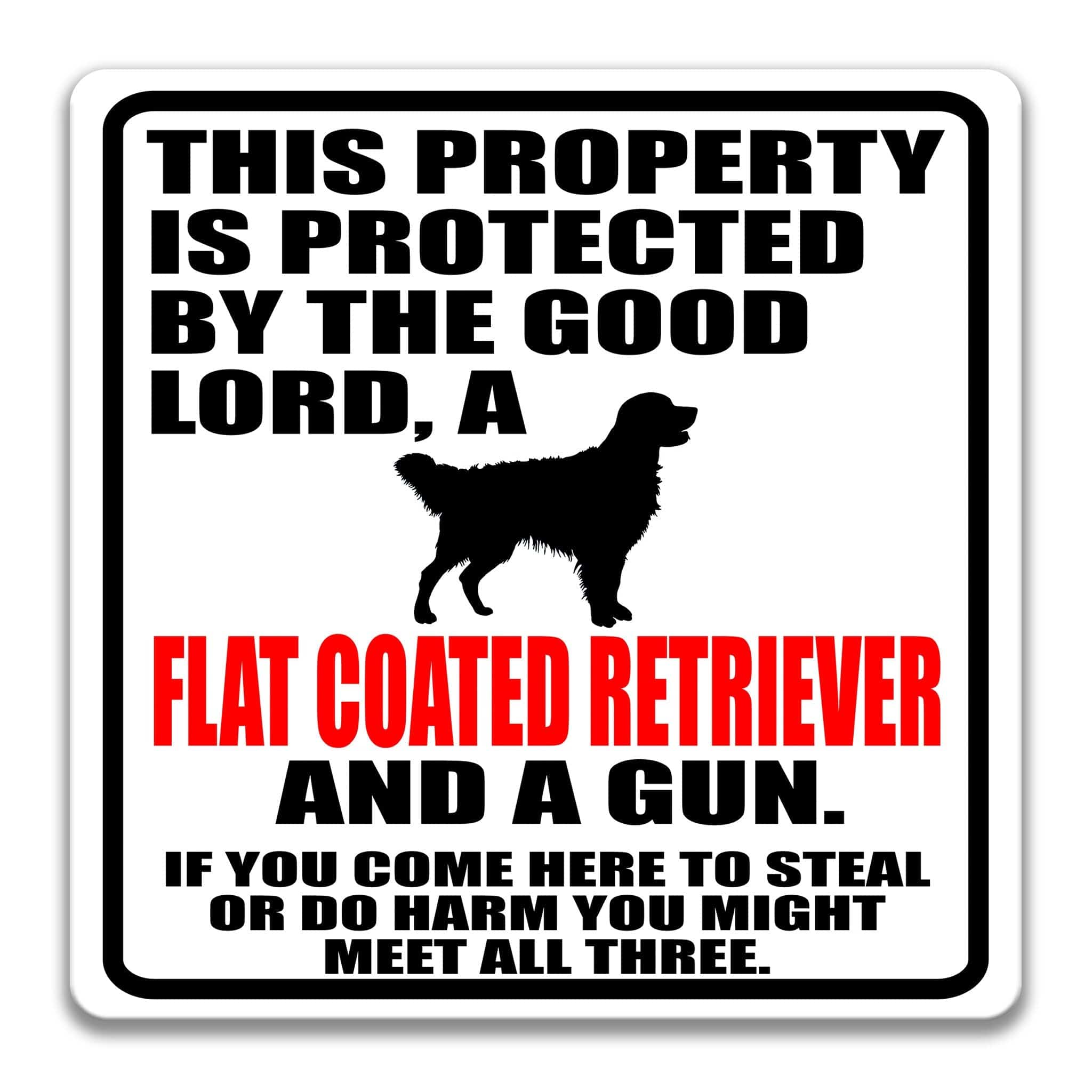 Property Protected by the Good Lord, a Flat Coat Retriever, and a Gun Dog Sign