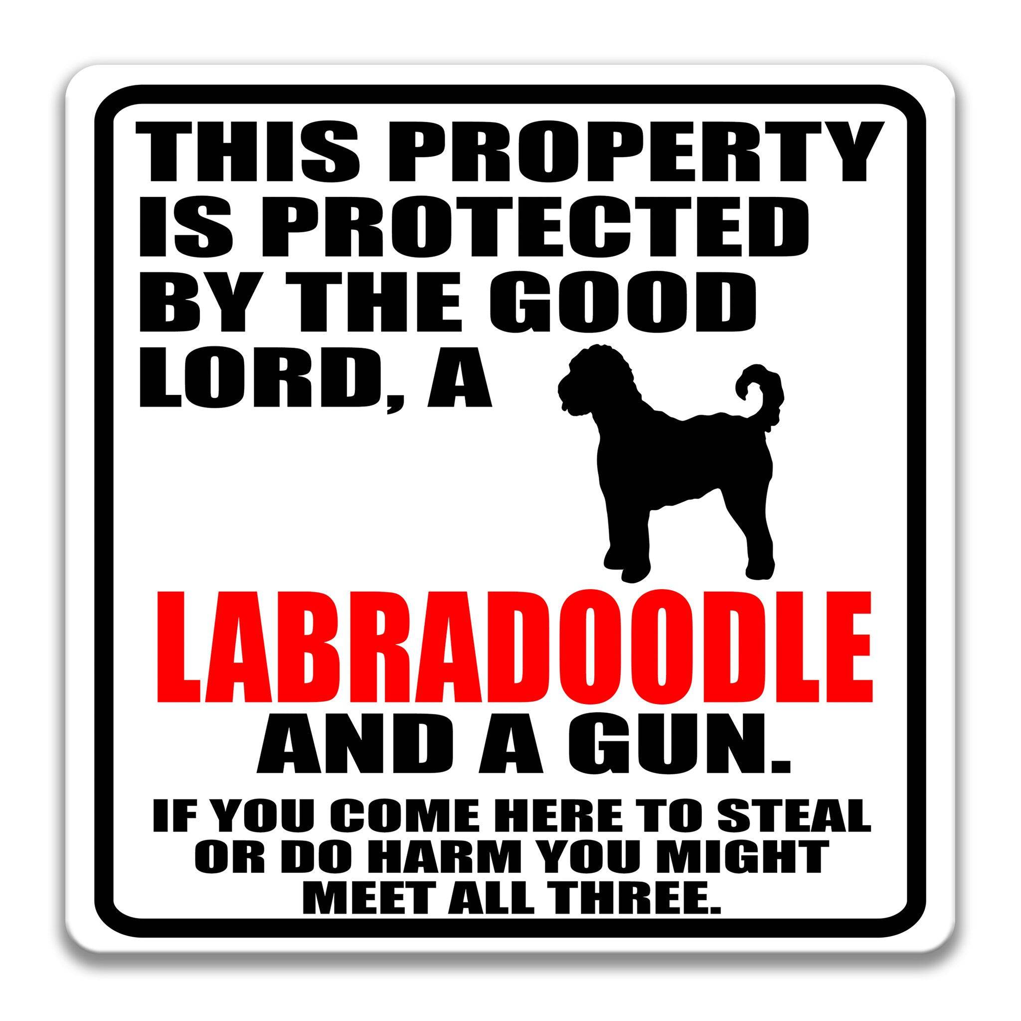 Property Protected by the Good Lord, a Labradoodle, and a Gun Dog Sign