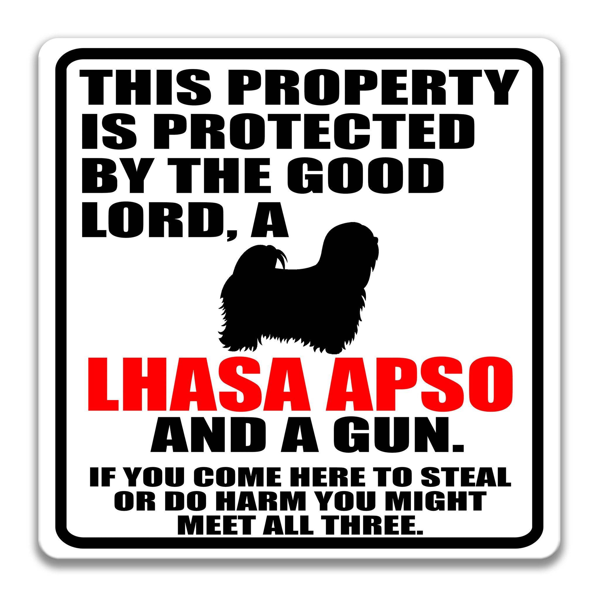 Property Protected by the Good Lord, a Lhasa Apso, and a Gun Dog Sign