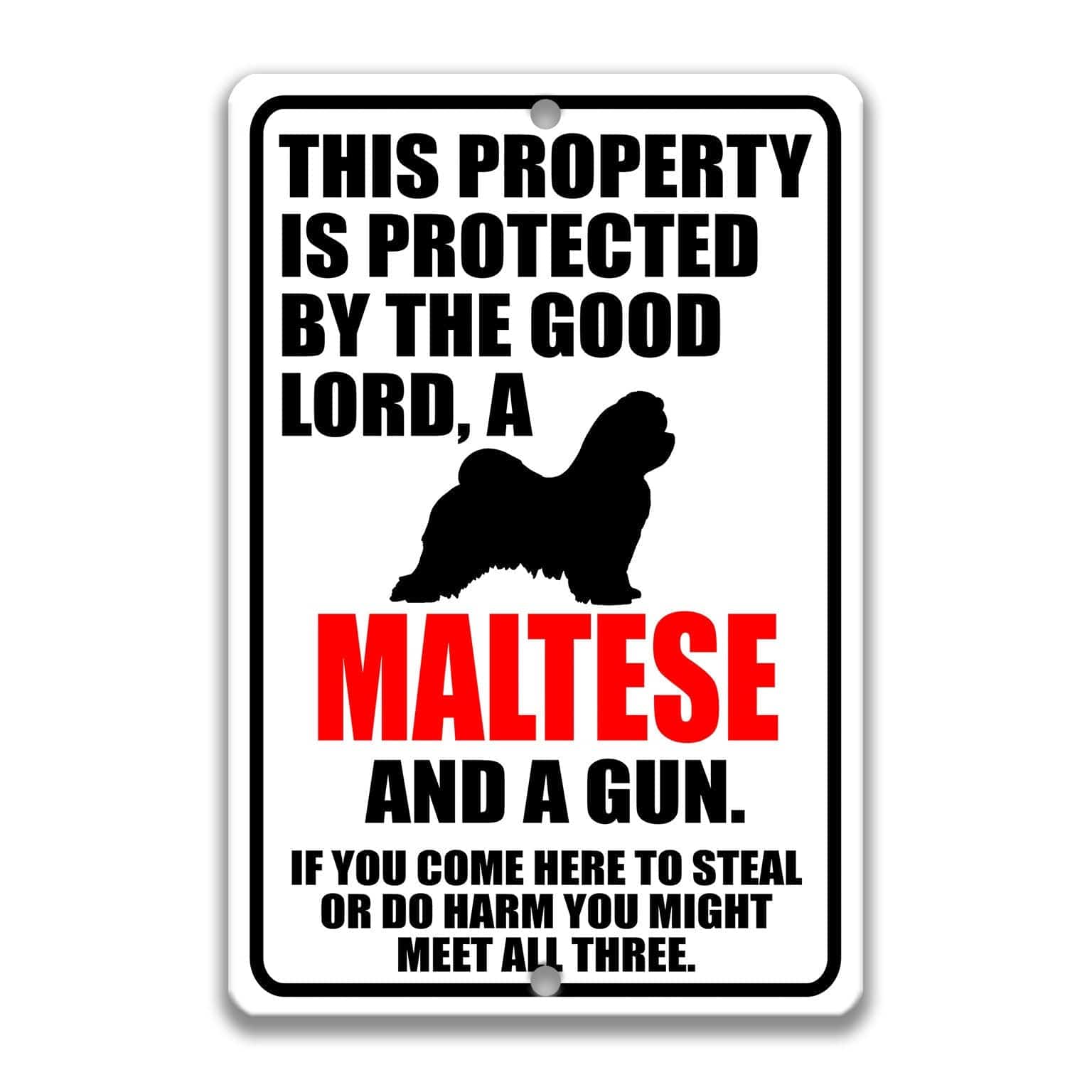 Property Protected by the Good Lord, a Maltese, and a Gun Dog Sign