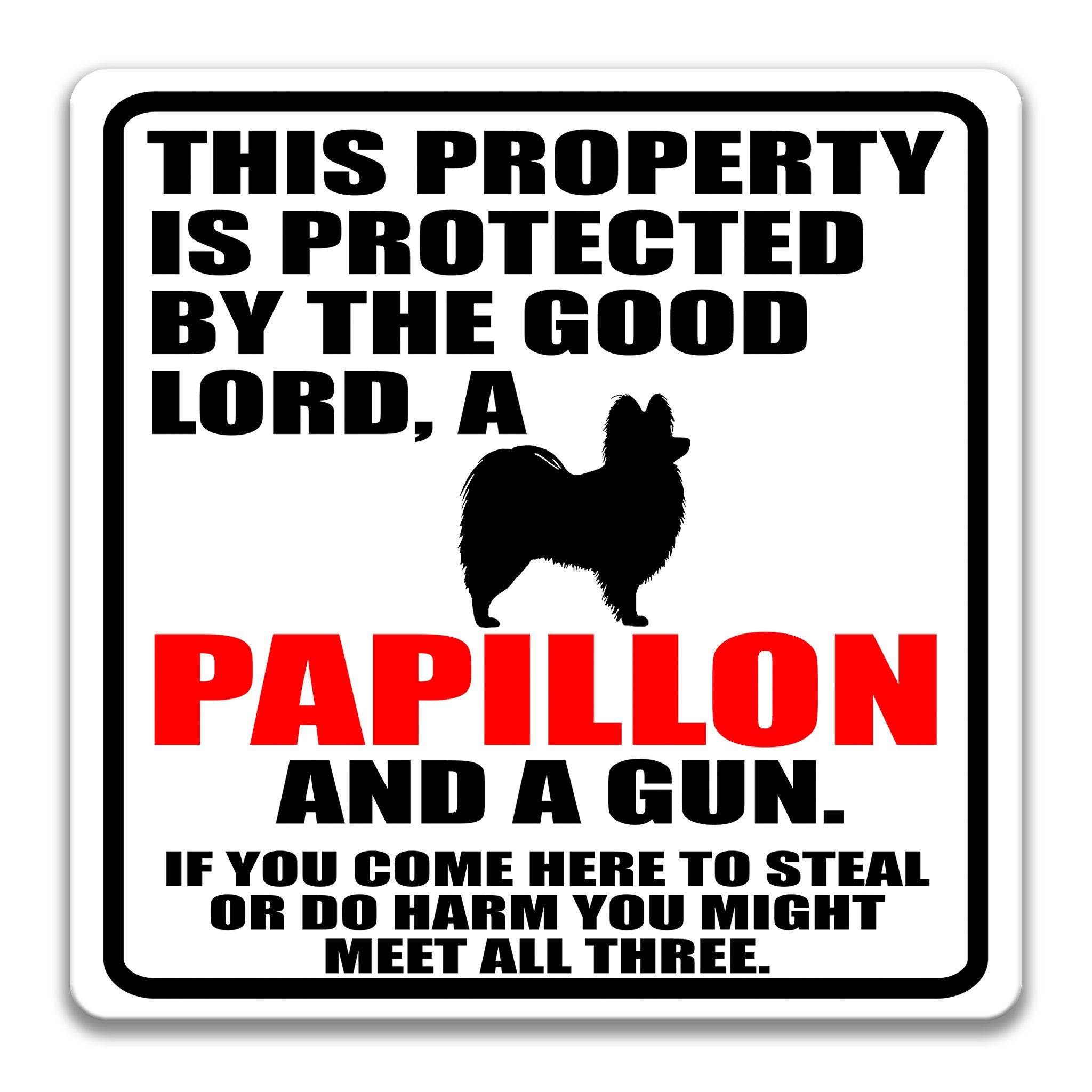 Property Protected by the Good Lord, a Papillon, and a Gun Dog Sign