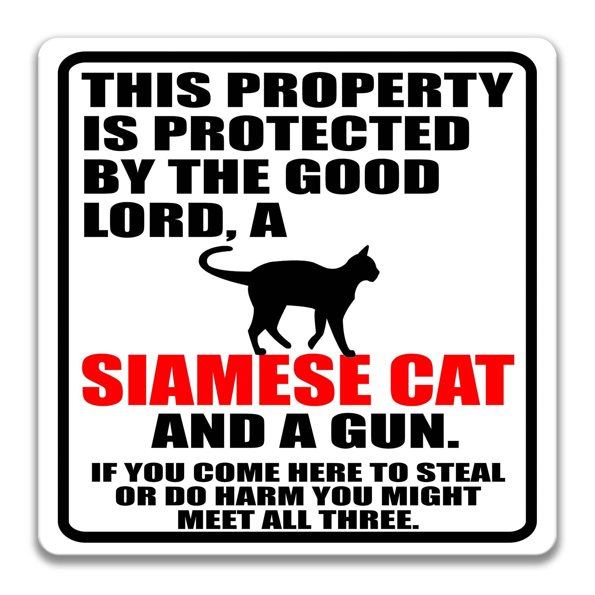 Property Protected by the Good Lord, a Siamese Cat, and a Gun Cat Sign