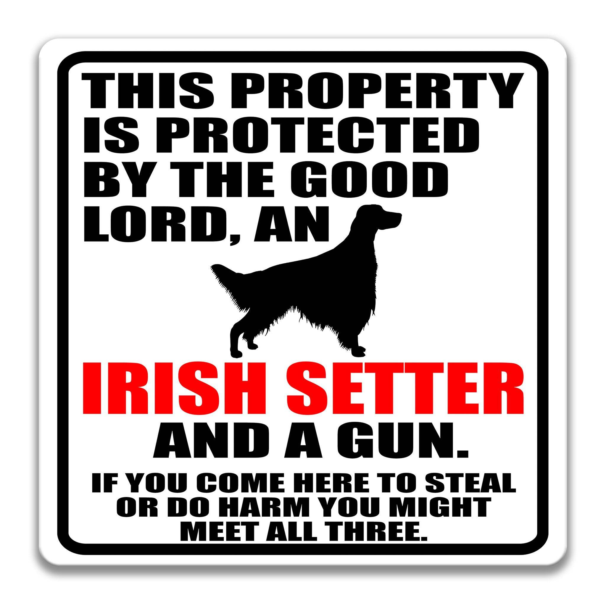Property Protected by the Good Lord, an Irish Setter, and a Gun Dog Sign