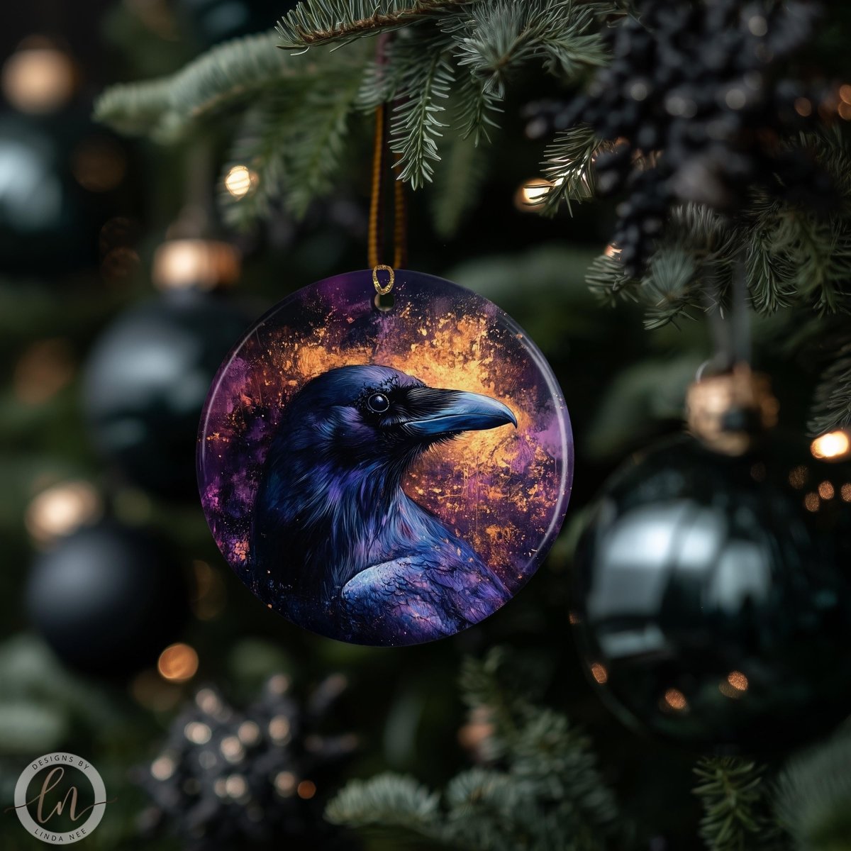 a close-up of a decorative ornament hanging on a Christmas tree. The ornament is a circular ornament with a bird image on it, and it is surrounded by other ornaments and lights on the tree.