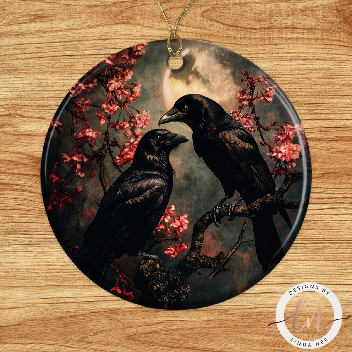 A black bird perched on a branch with pink flowers, set against a dark, moody background with a full moon.