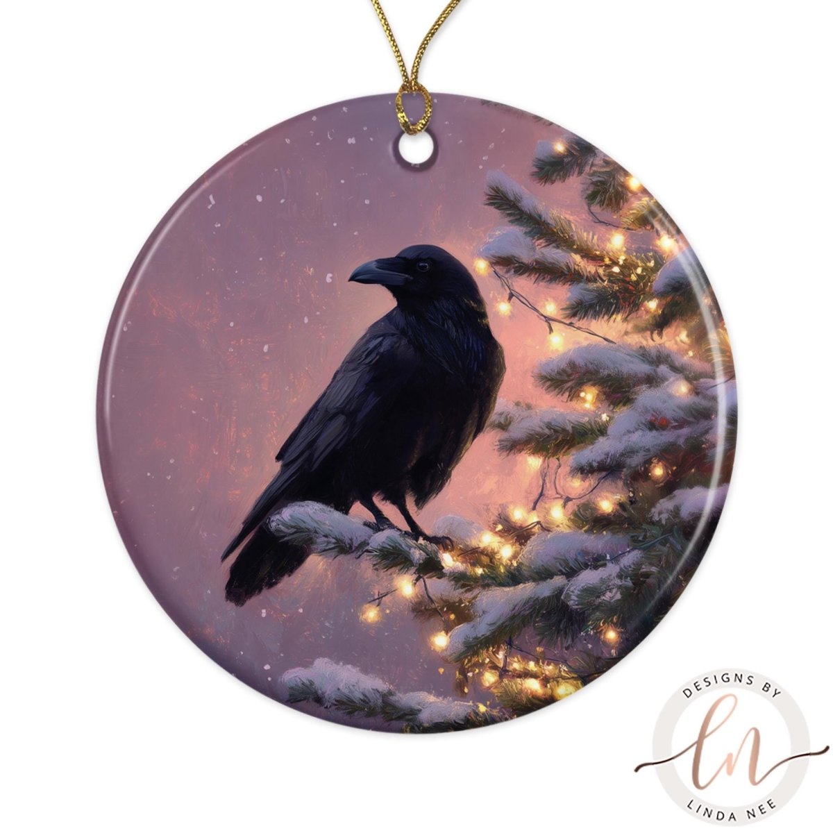 A black crow perched on a snowy branch of a Christmas tree, with twinkling lights in the background.