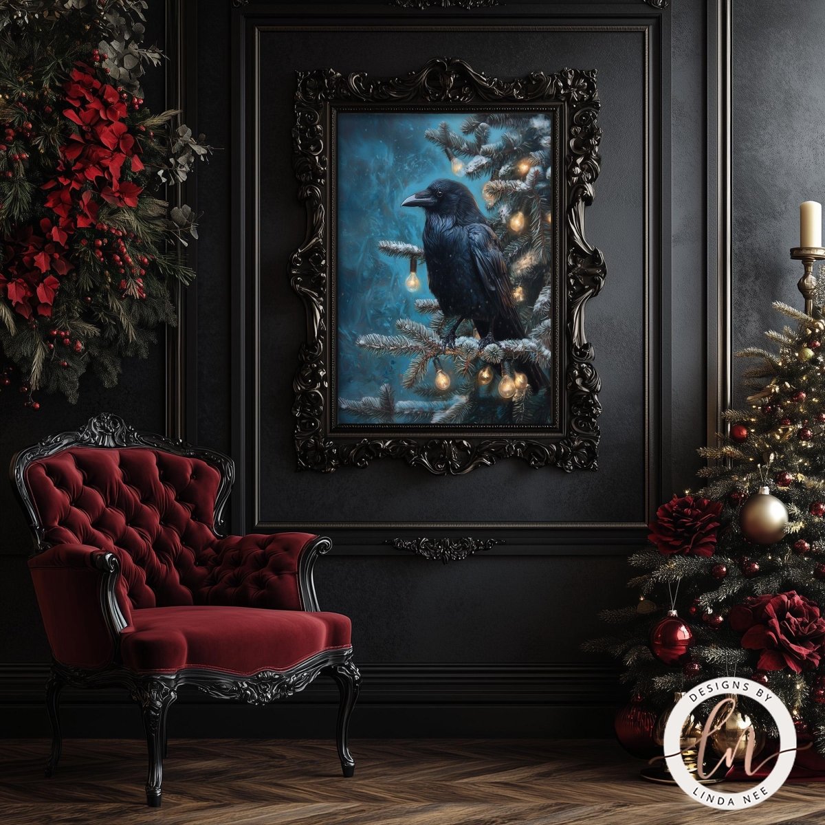 a dark, ornate room with a large, ornate painting of a black crow perched on a branch, surrounded by Christmas decorations. The room includes a red velvet armchair, a Christmas tree, and a large, ornate mirror on the wall.