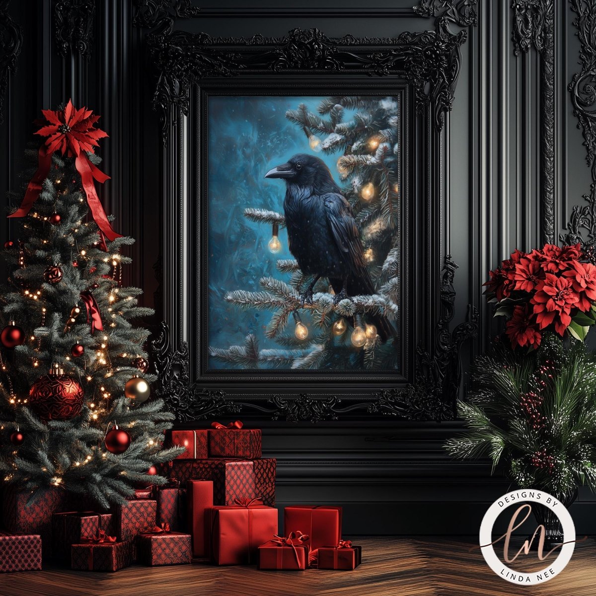 a black crow perched on a branch of a Christmas tree, surrounded by red presents and a framed painting of a snowy landscape.