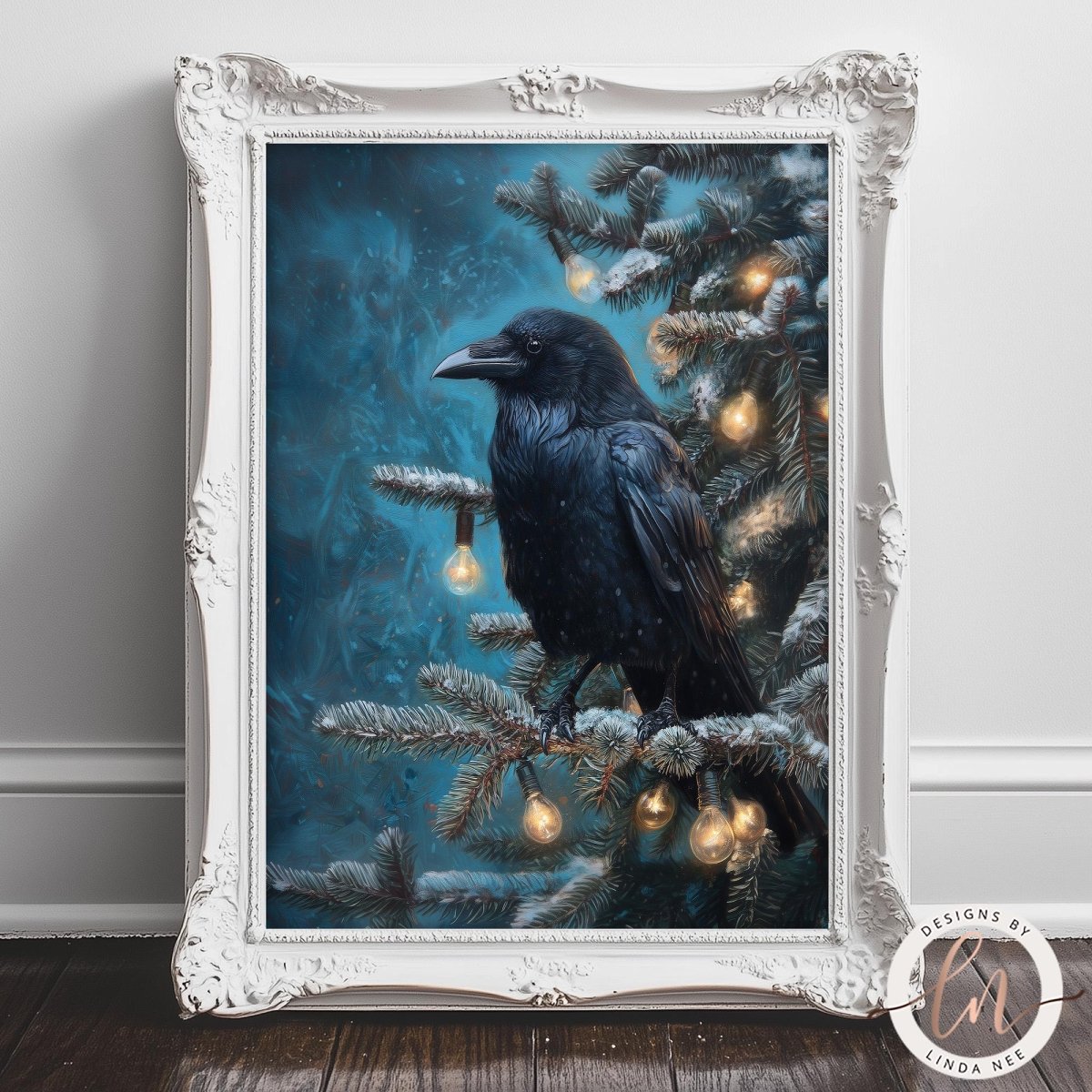 A black crow perched on a branch of a Christmas tree, with lights adorning the tree.