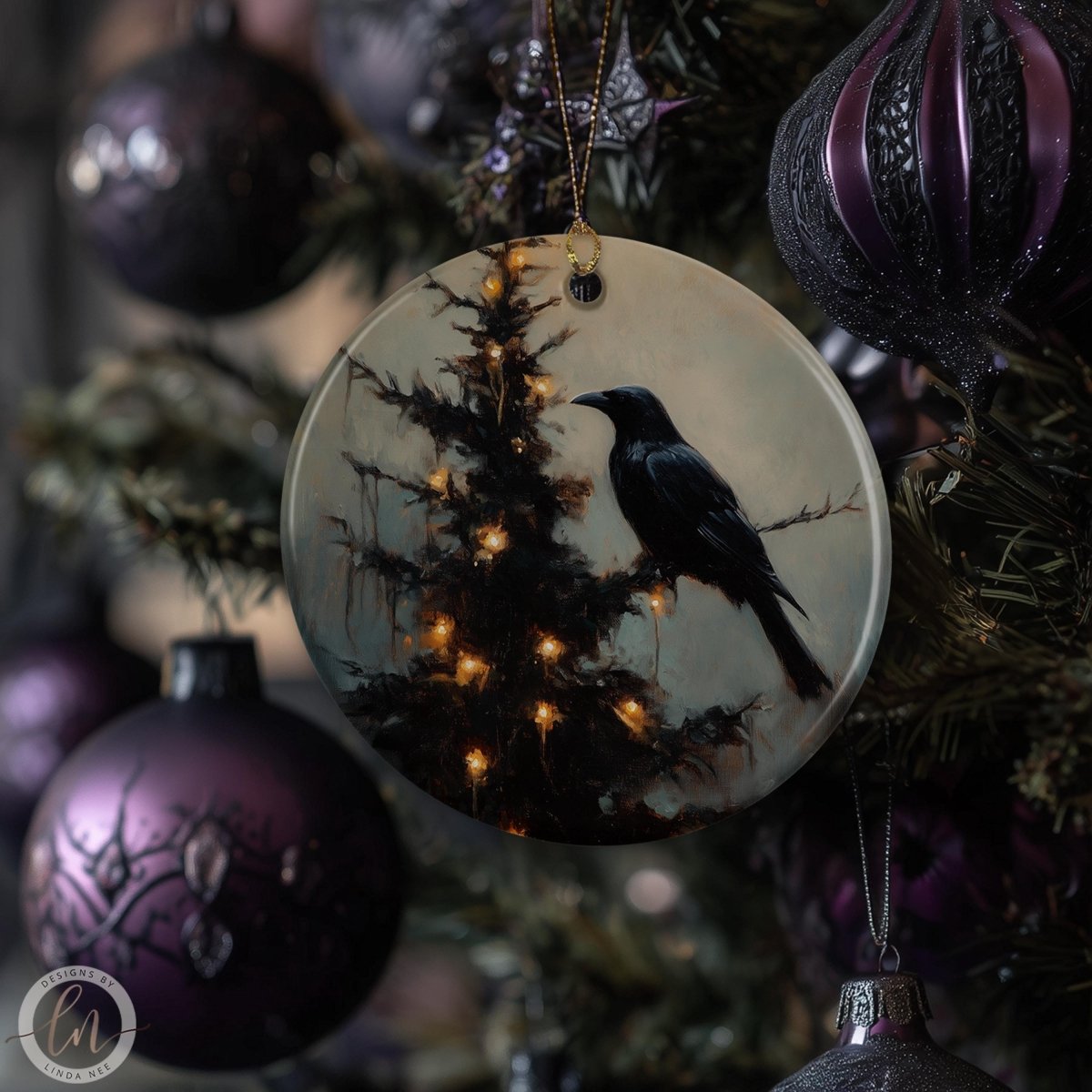 Round ceramic ornament featuring a black raven perched on a glowing Christmas tree, gothic holiday décor product image by Designs by Linda Nee
