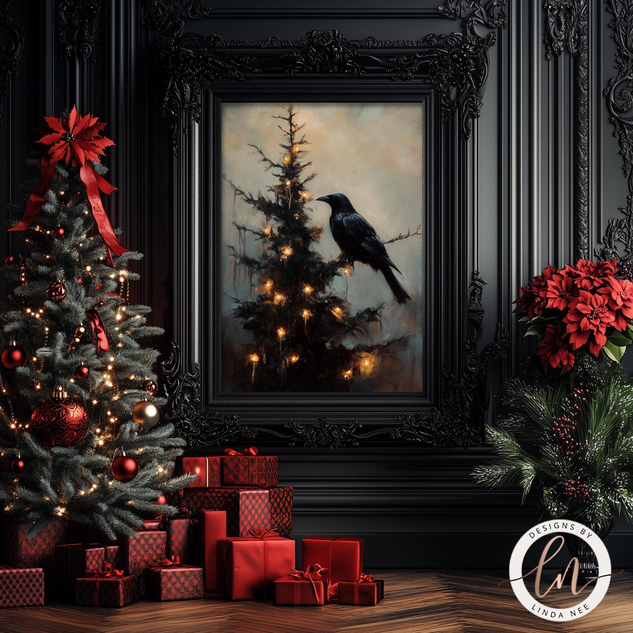 Raven on Christmas Tree Wall Art - Metal & Fine Art for Holiday Decor