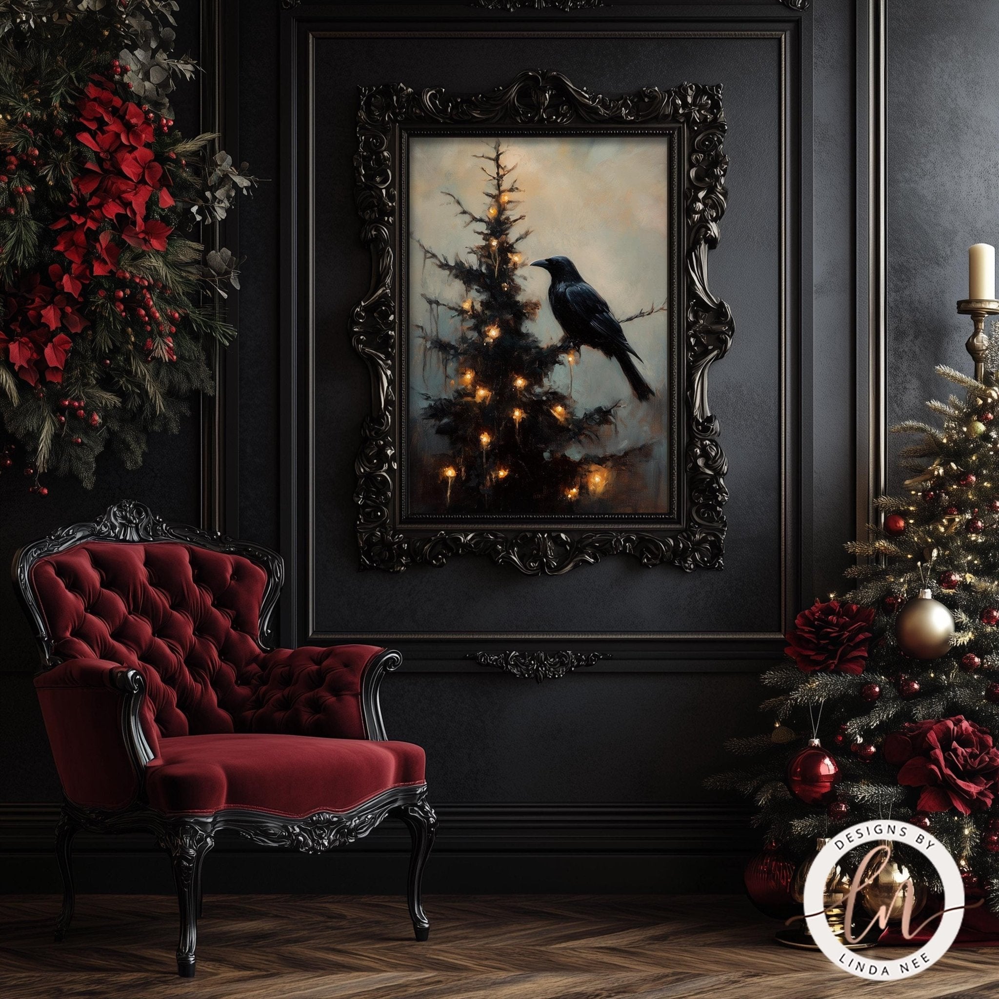 a dark, ornate room with a red velvet armchair, a Christmas tree with red and gold ornaments, and a framed painting of a black bird perched on a tree.