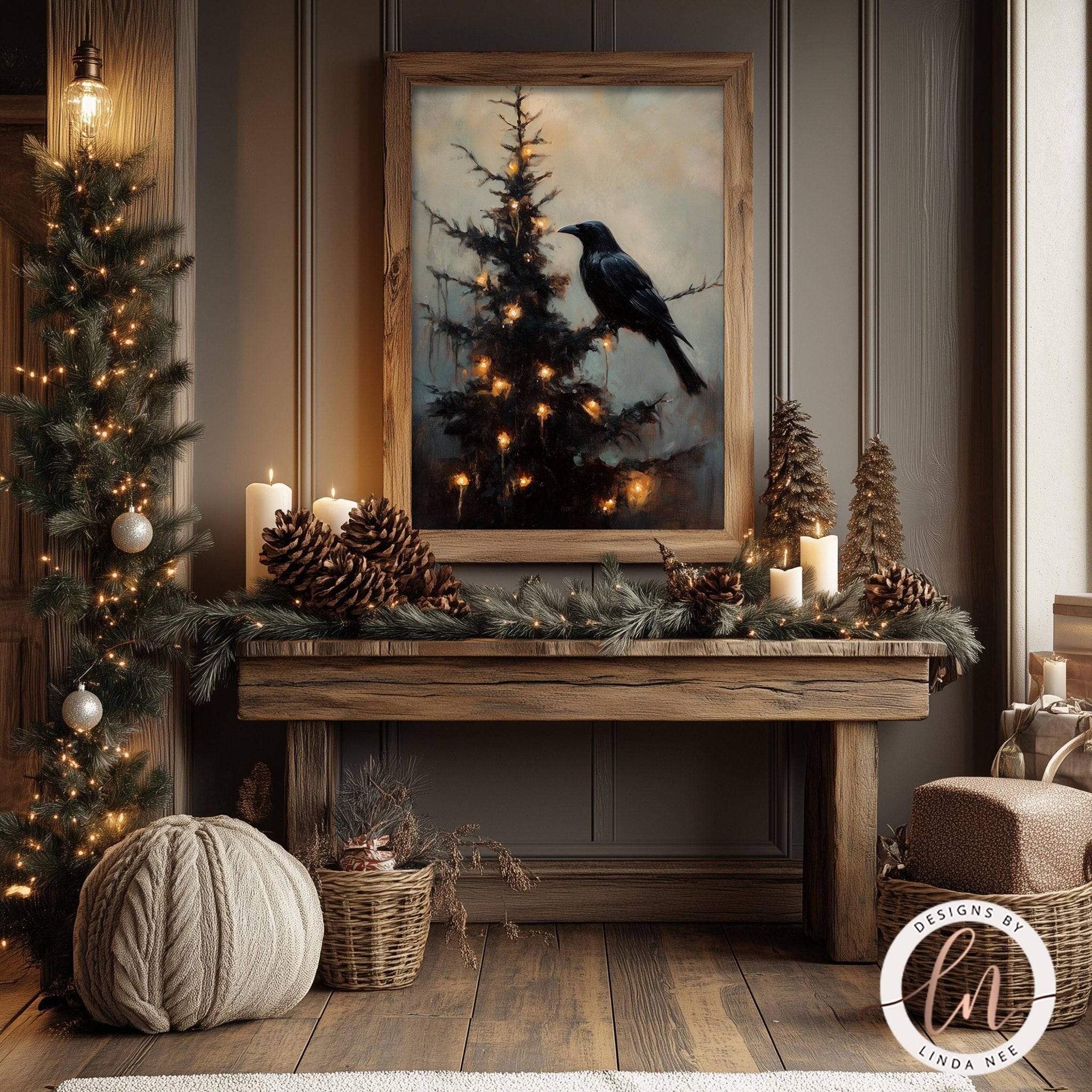 Raven on Christmas Tree Wall Art - Metal & Fine Art for Holiday Decor