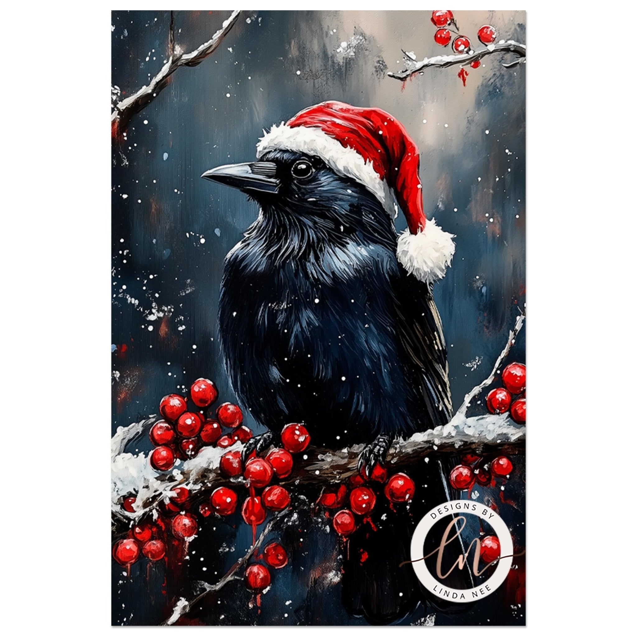 A black bird wearing a red Santa hat perches on a branch with red berries, set against a snowy background with falling snowflakes.