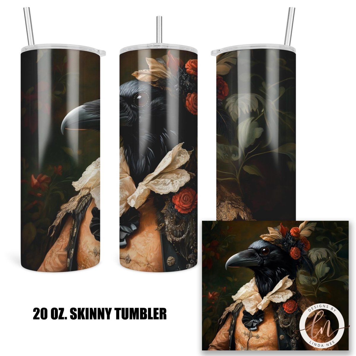 Anthropomorphic Raven Tumbler - Vintage Crow Art GiftDesigns by Linda Nee