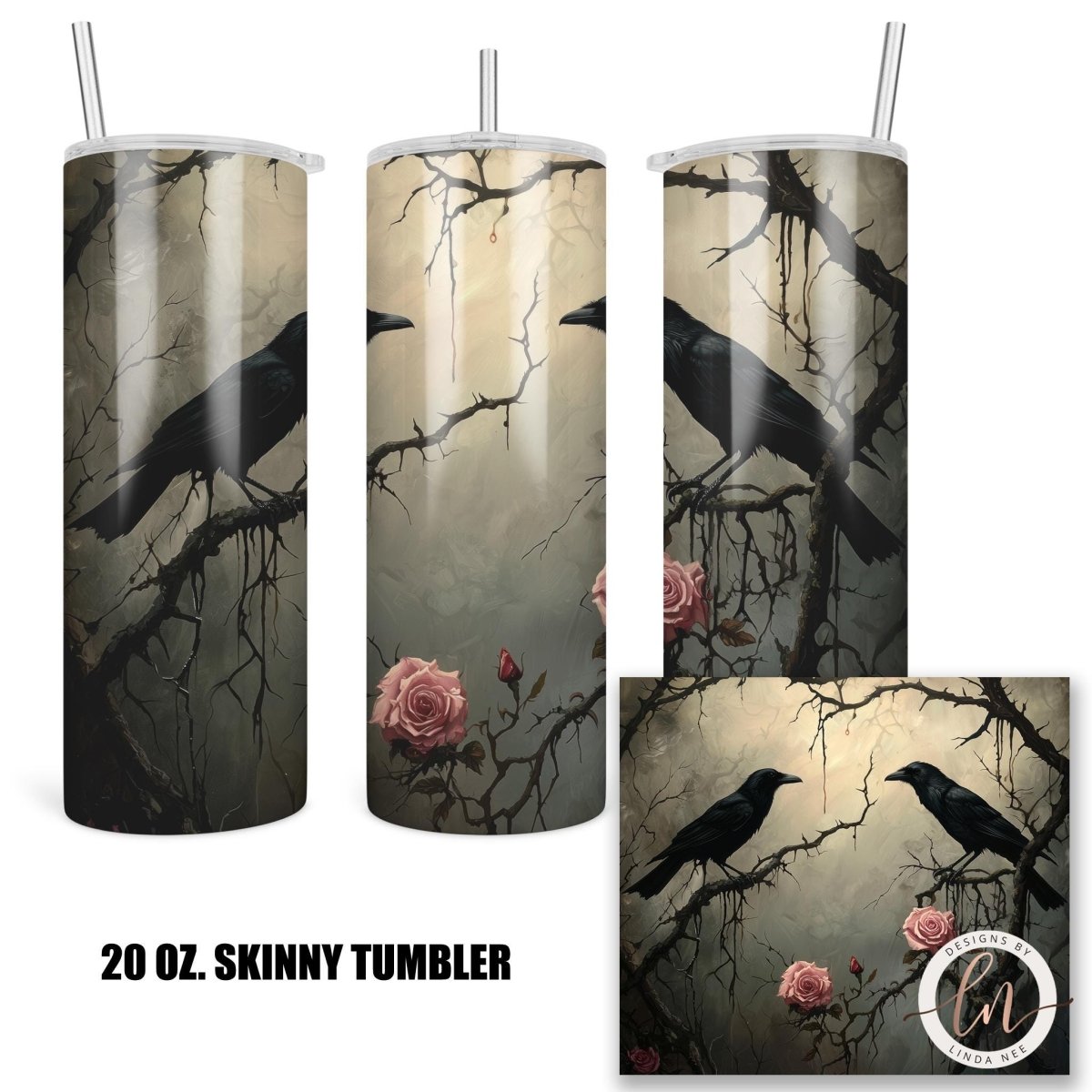 Raven Couple Skinny Tumbler - Gothic Dark Academia GiftDesigns by Linda Nee