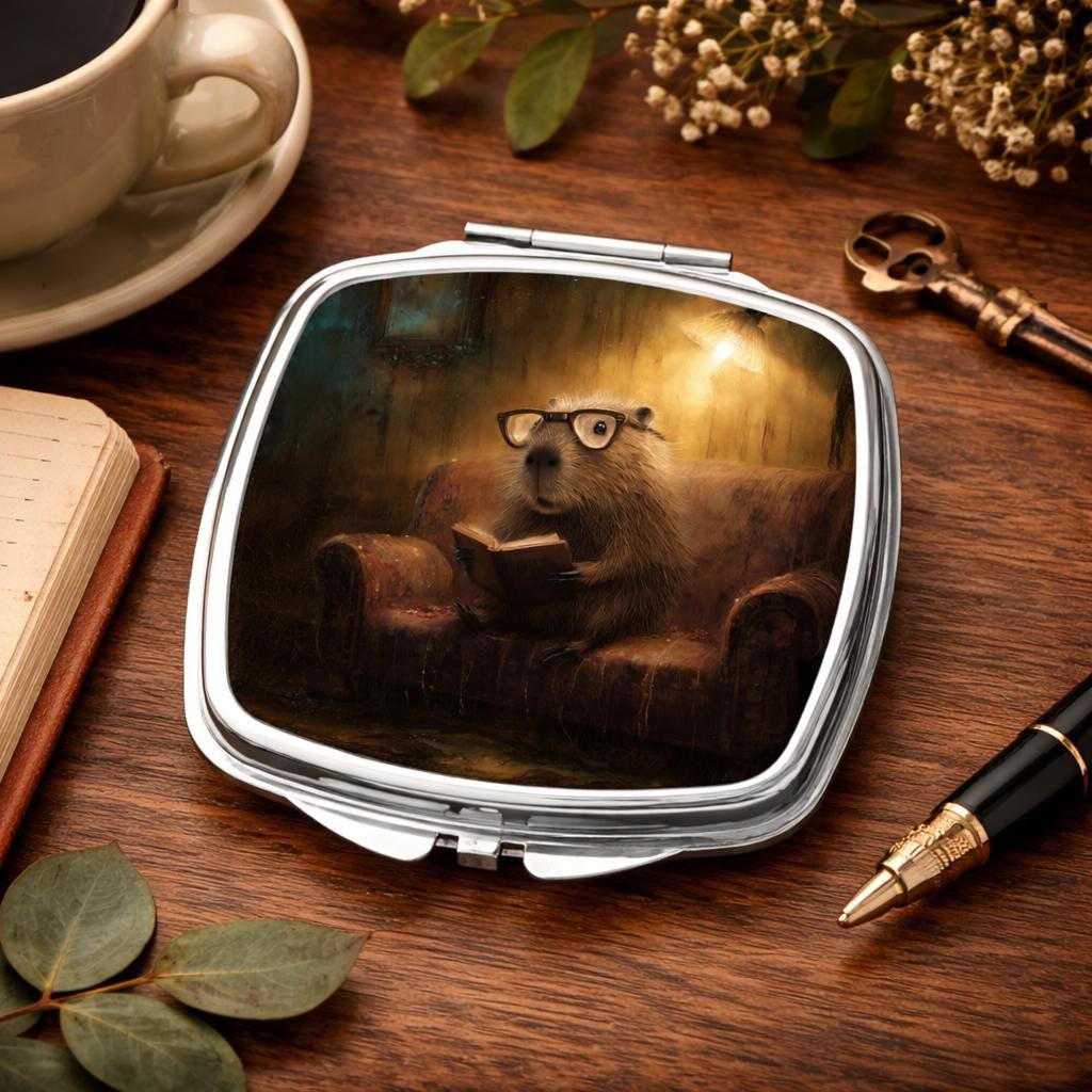 A small square mirror with a painting of a capybara wearing glasses, sitting on a couch and reading a book, is placed on a wooden surface alongside a cup, a key, and some flowers.