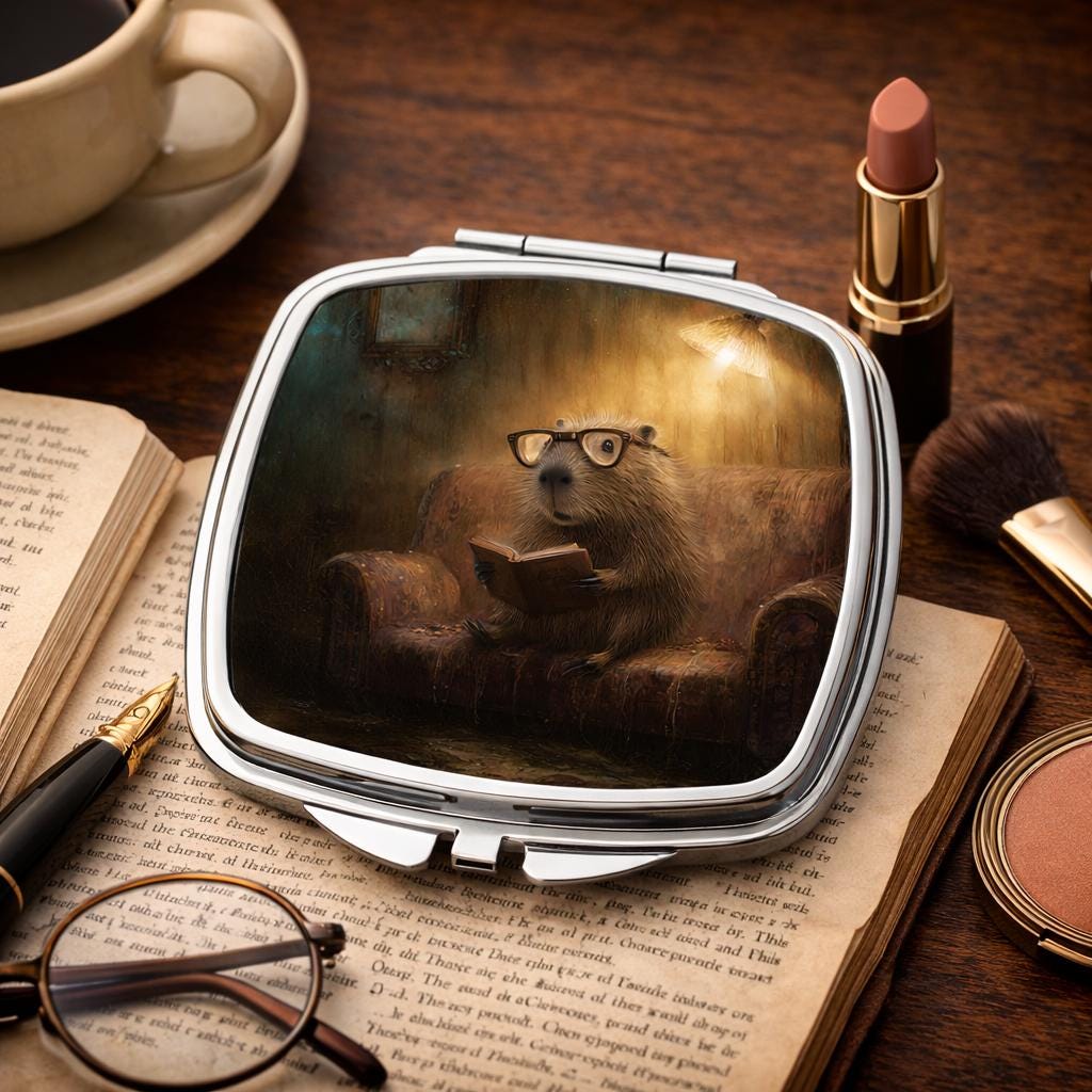 A small metal compact mirror with a picture of a capybara wearing glasses, sitting on top of an open book, surrounded by various personal care items and a cup of coffee on a wooden surface.
