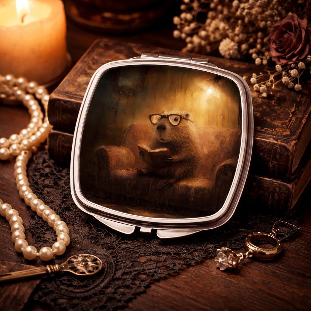 A small, square mirror with a painting of a capybara wearing glasses and reading a book inside it, surrounded by various personal items such as pearls, a key, and a ring.