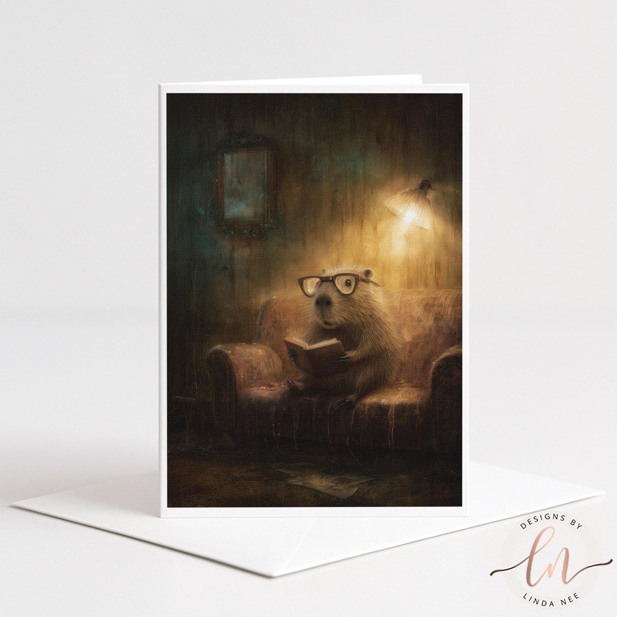 A beaver wearing glasses is sitting on a couch, reading a book in a dimly lit room.