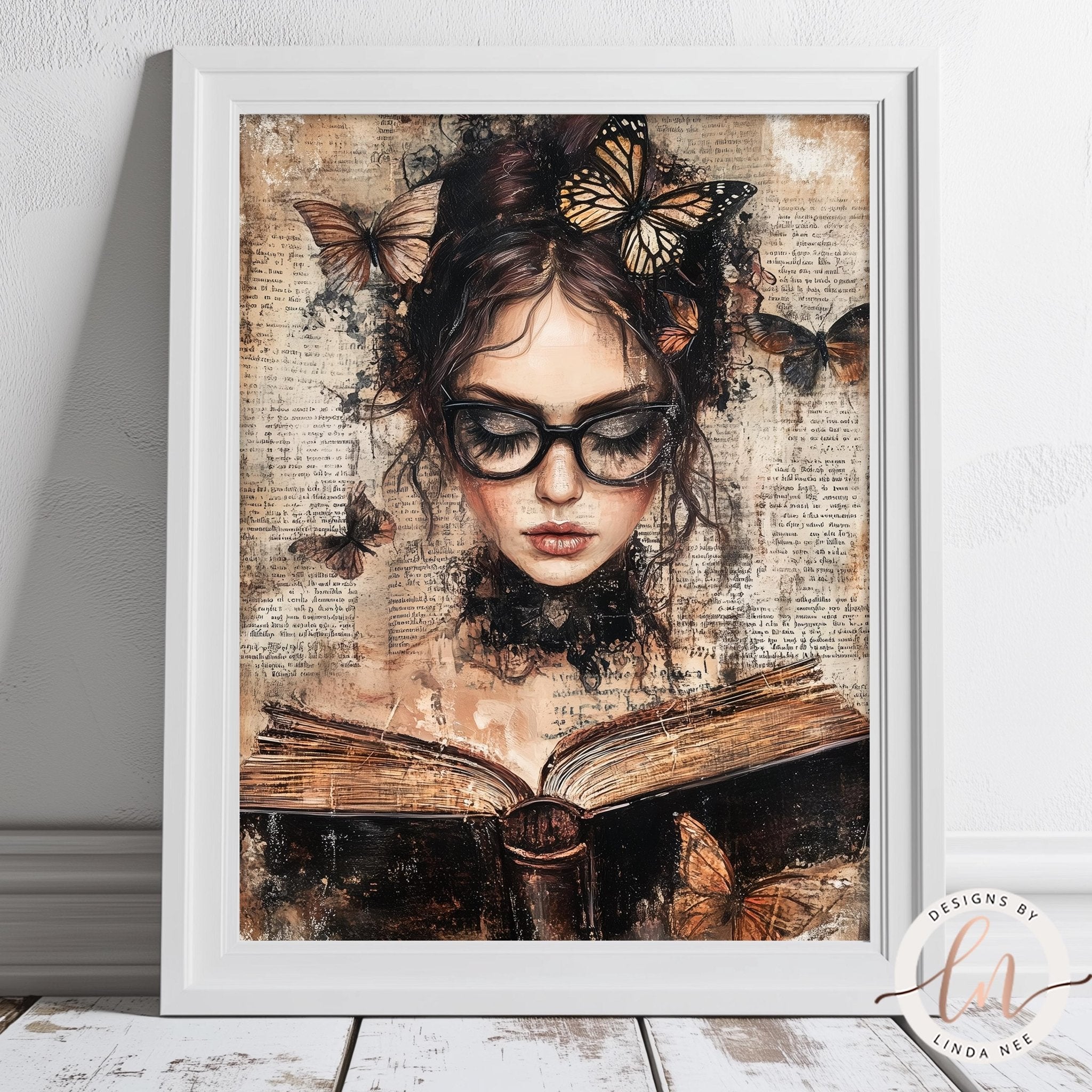 A framed artwork depicting a woman with a book in her hands, surrounded by butterflies and a textured background.