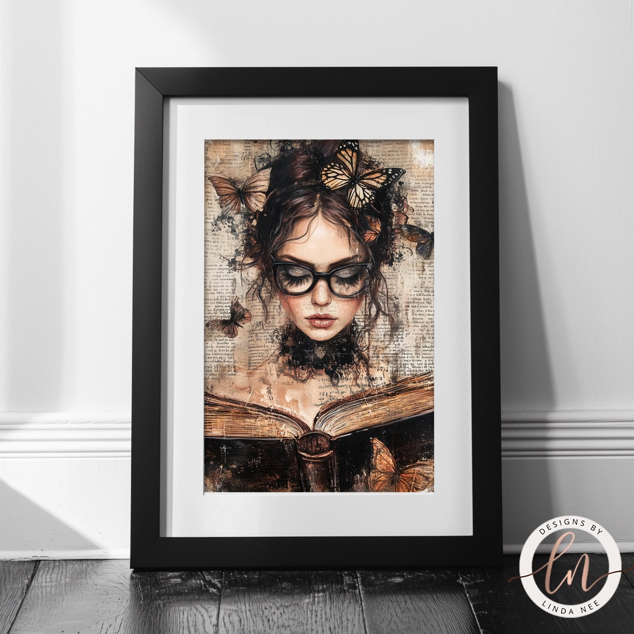 A framed print depicting a woman with a book in her hands, surrounded by butterflies.