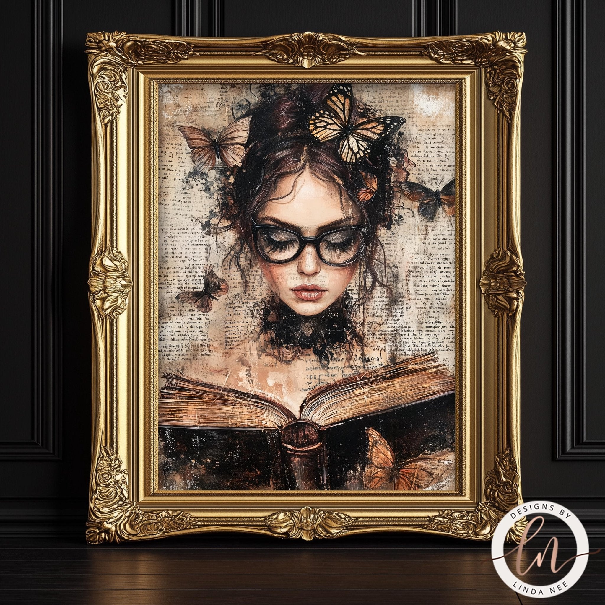 The image is a framed artwork depicting a woman with a book in her hands, surrounded by butterflies.