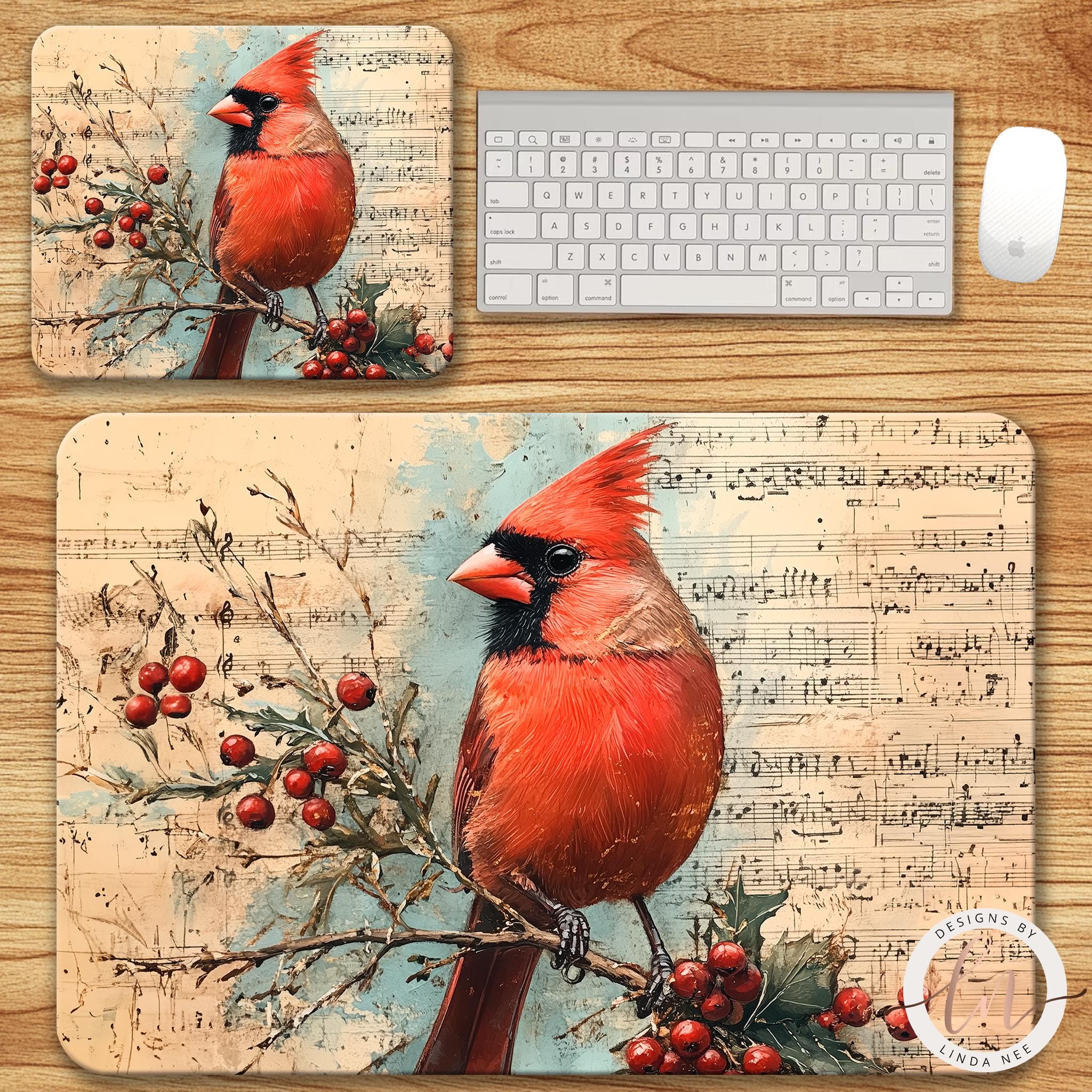 Red Cardinal Mousepad - Vintage Sheet Music Christmas Decor
