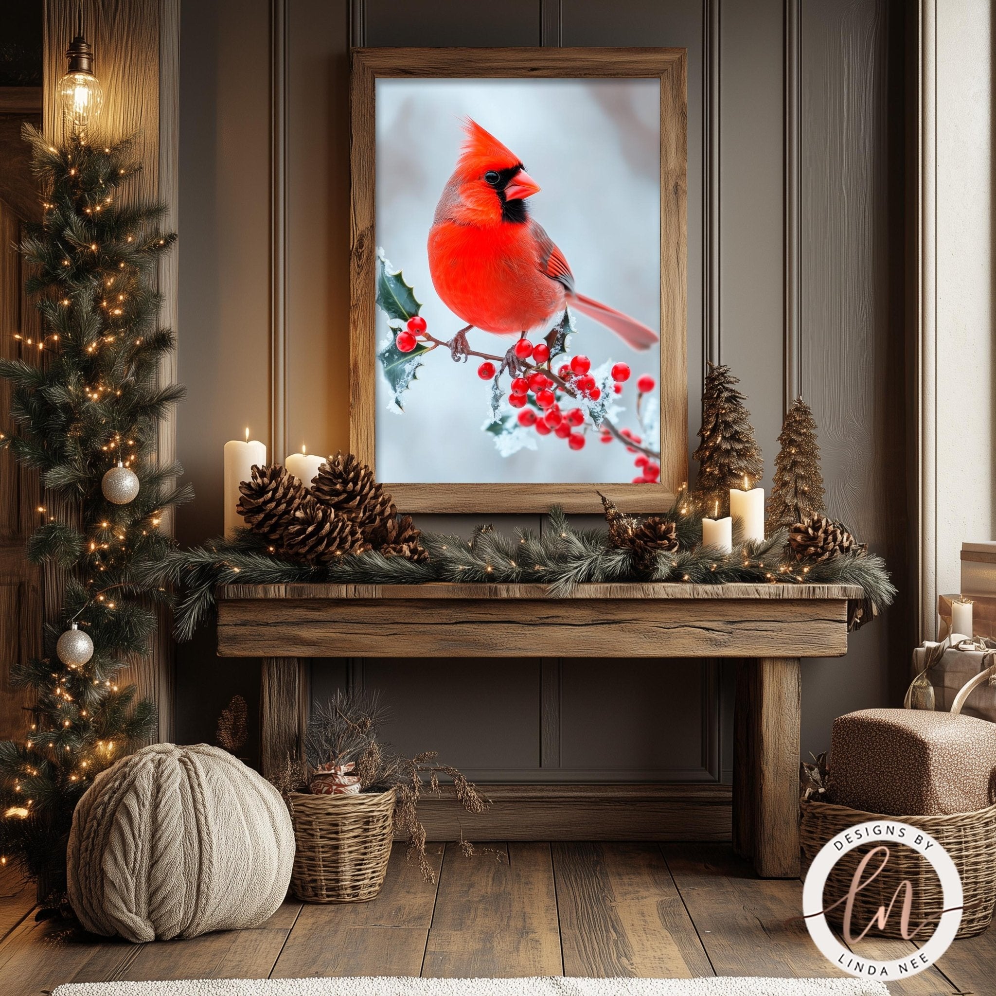 a red cardinal perched on a branch, surrounded by holiday decorations such as pine cones, pine branches, and a garland. The cardinal is framed and displayed on a wall, creating a festive atmosphere.