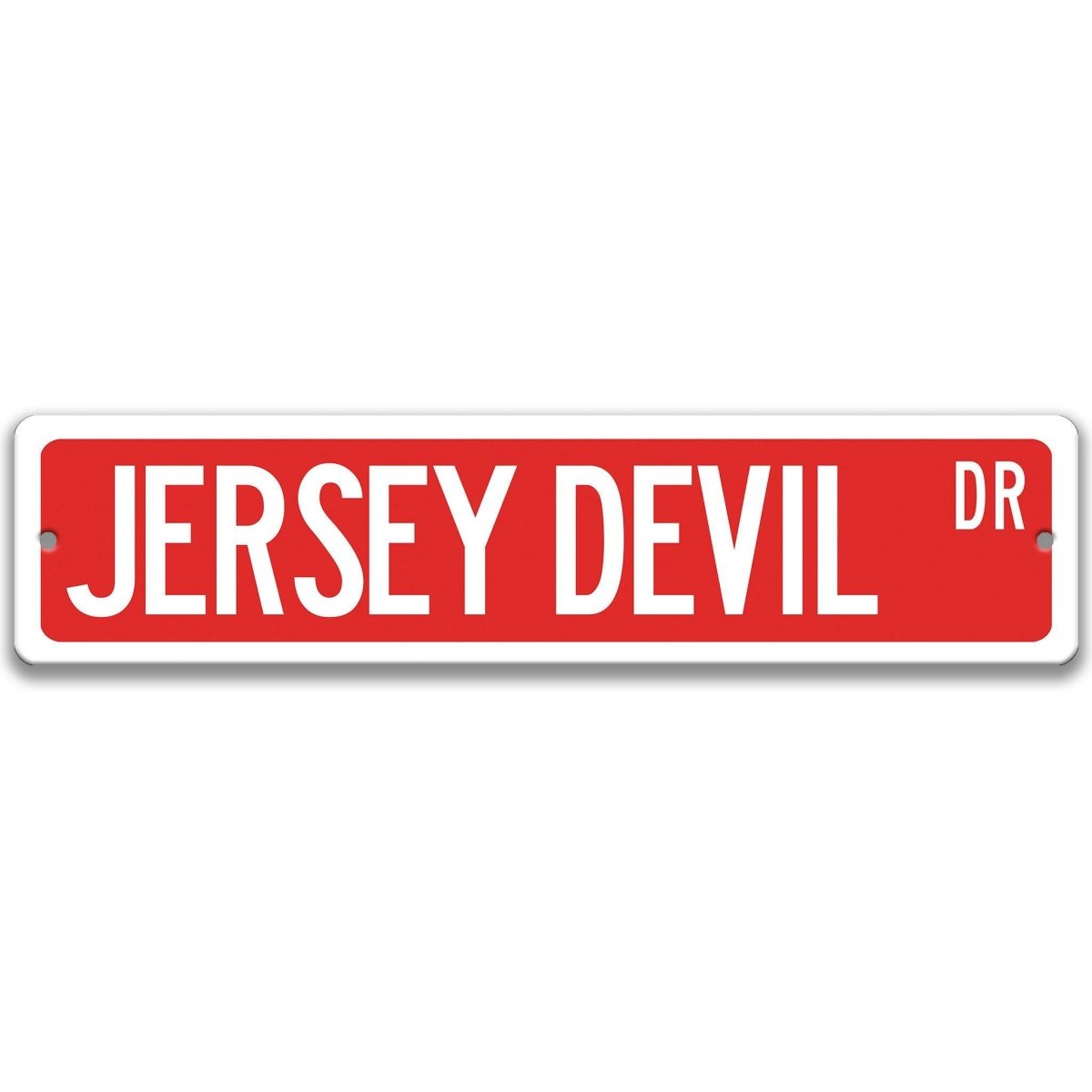 Red Jersey Devil aluminum street name sign with white lettering, alternate layout