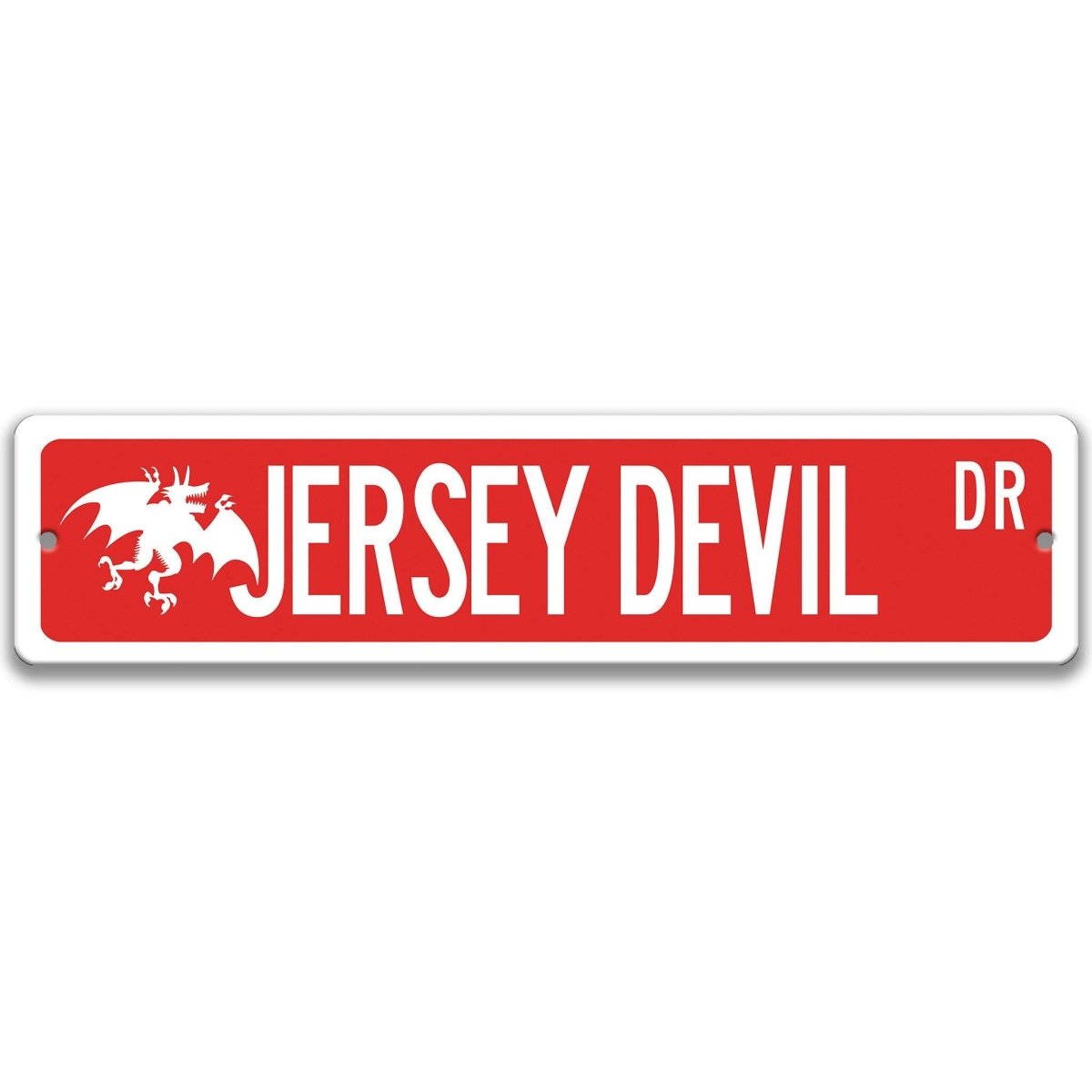 Red Jersey Devil aluminum street name sign with white lettering