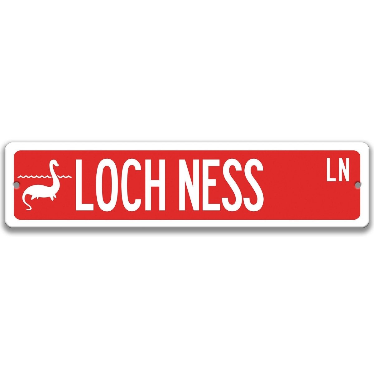 Red Loch Ness Monster aluminum street name sign with white lettering