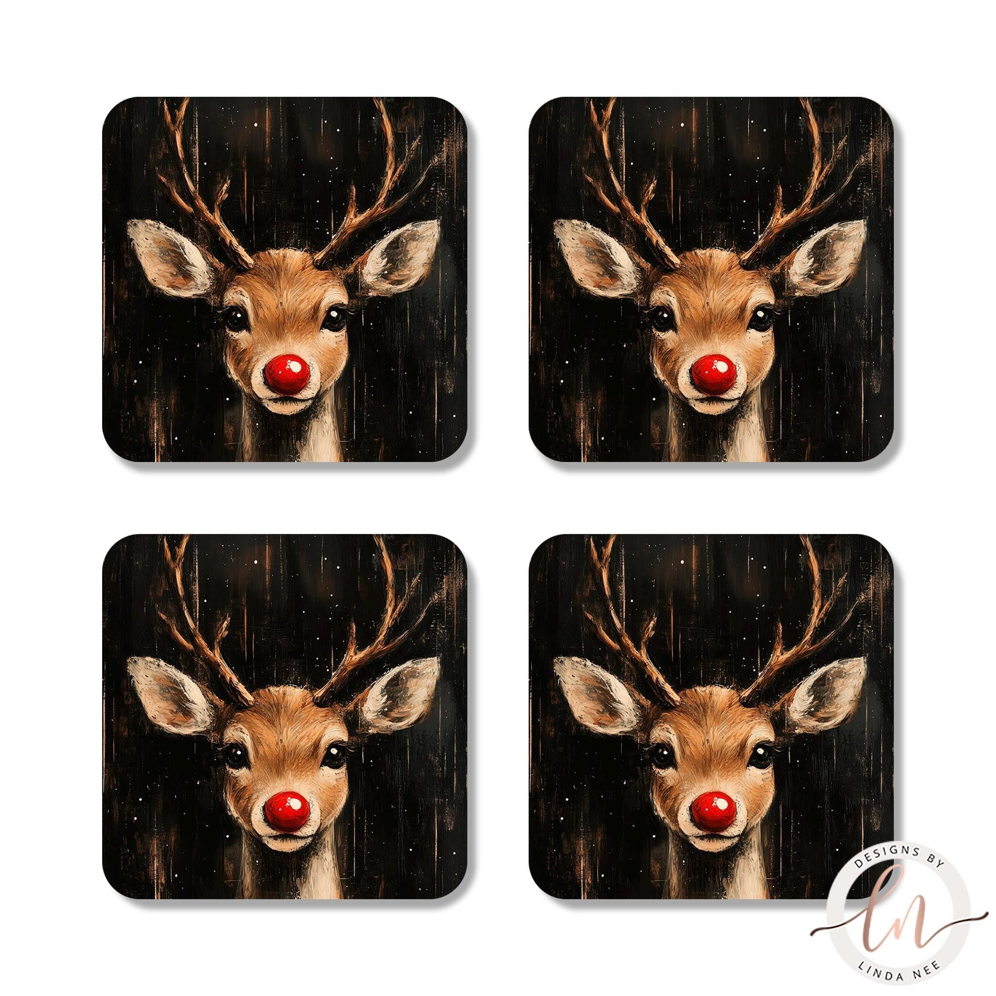 Red - Nosed Reindeer Coasters - Vintage Cottagecore Holiday