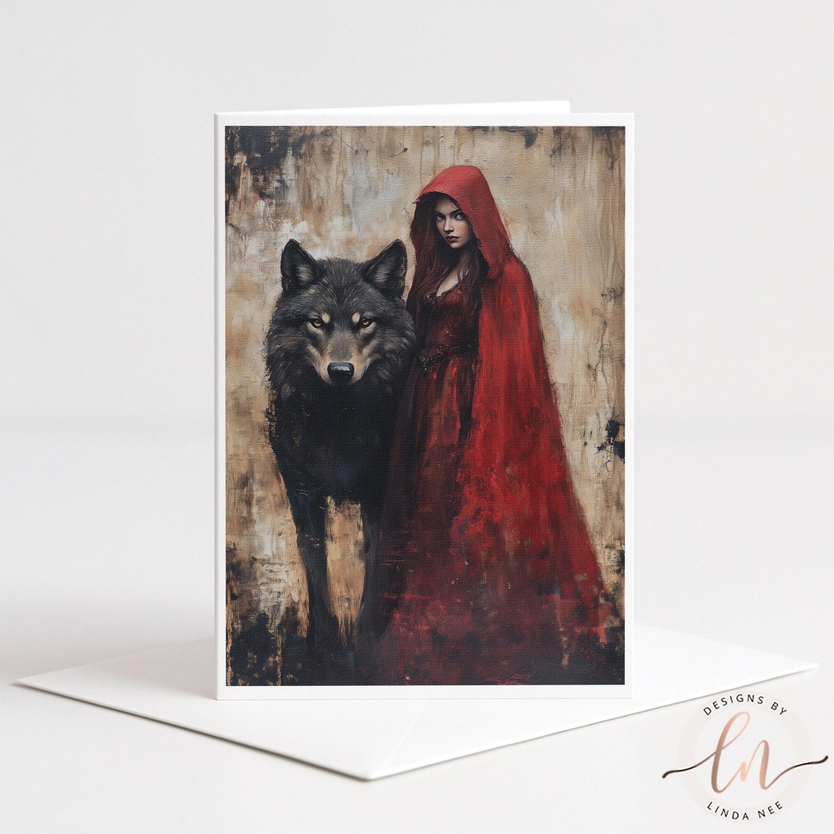 a woman in a red cape standing next to a wolf, with a dark background.