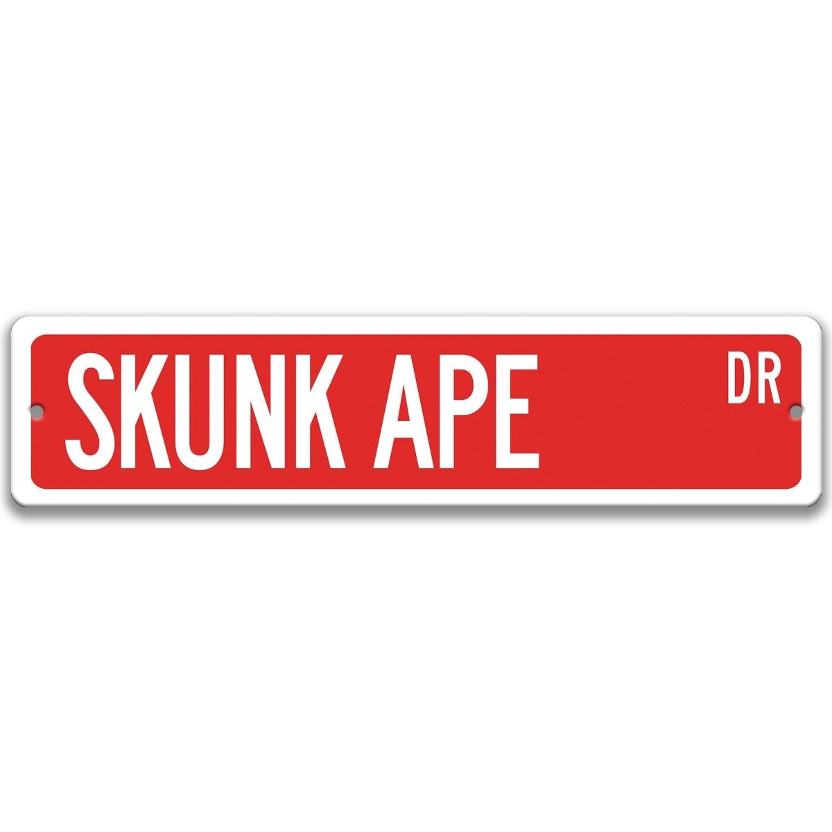 Red Skunk Ape aluminum street name sign with white lettering, alternate layout