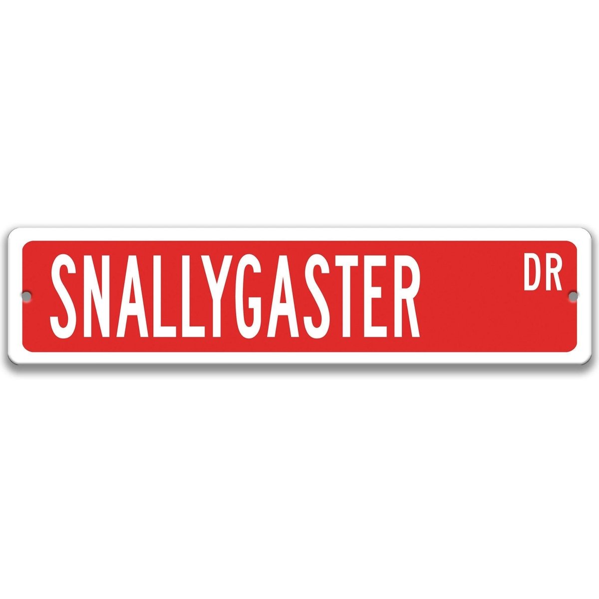 Red Snallygaster aluminum street name sign with white lettering, alternate layout