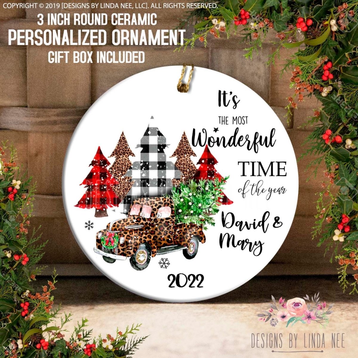 A 3-inch ceramic ornament featuring a leopard print truck, Christmas trees, and a snowflake design. The ornament is personalized and includes a gift box.