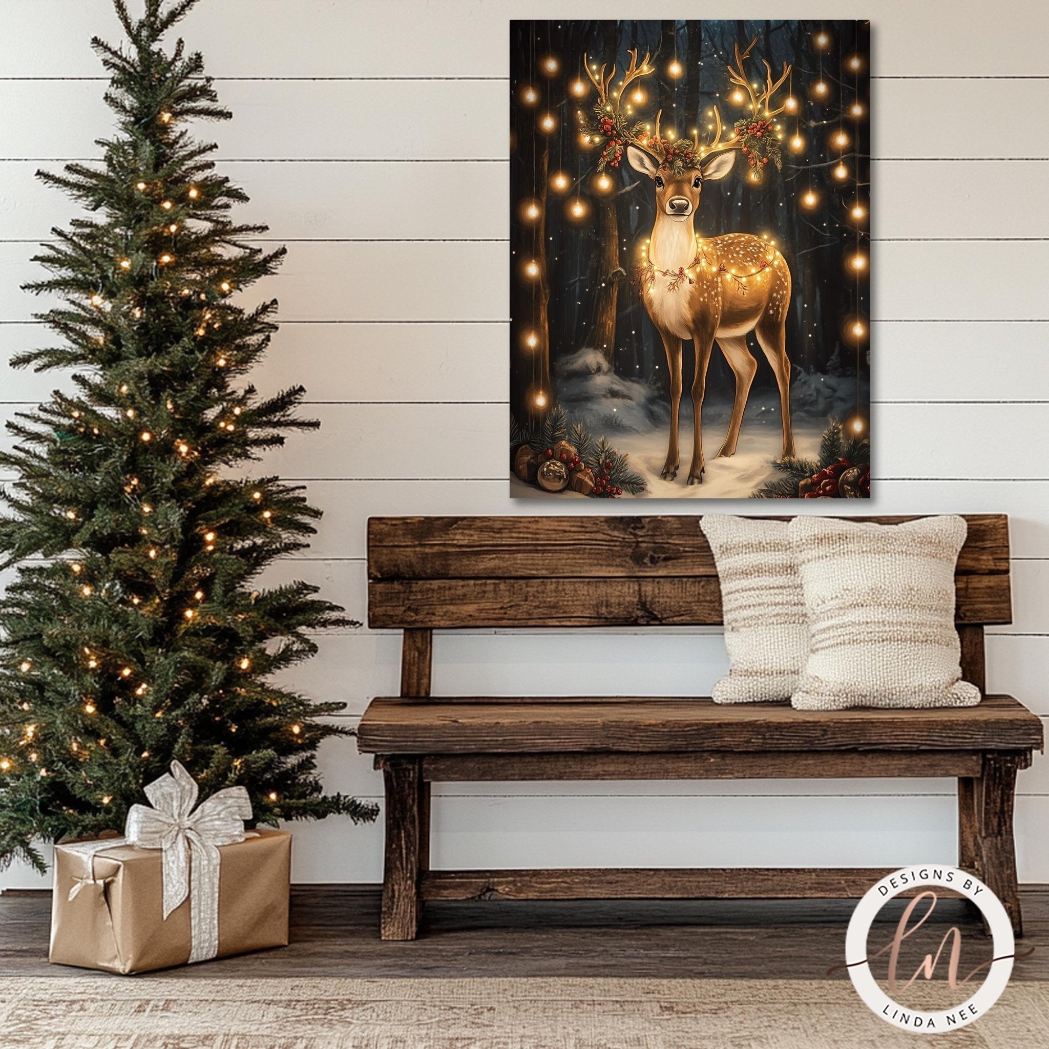 Reindeer with Lights Christmas Art - Metal & Fine Art Print