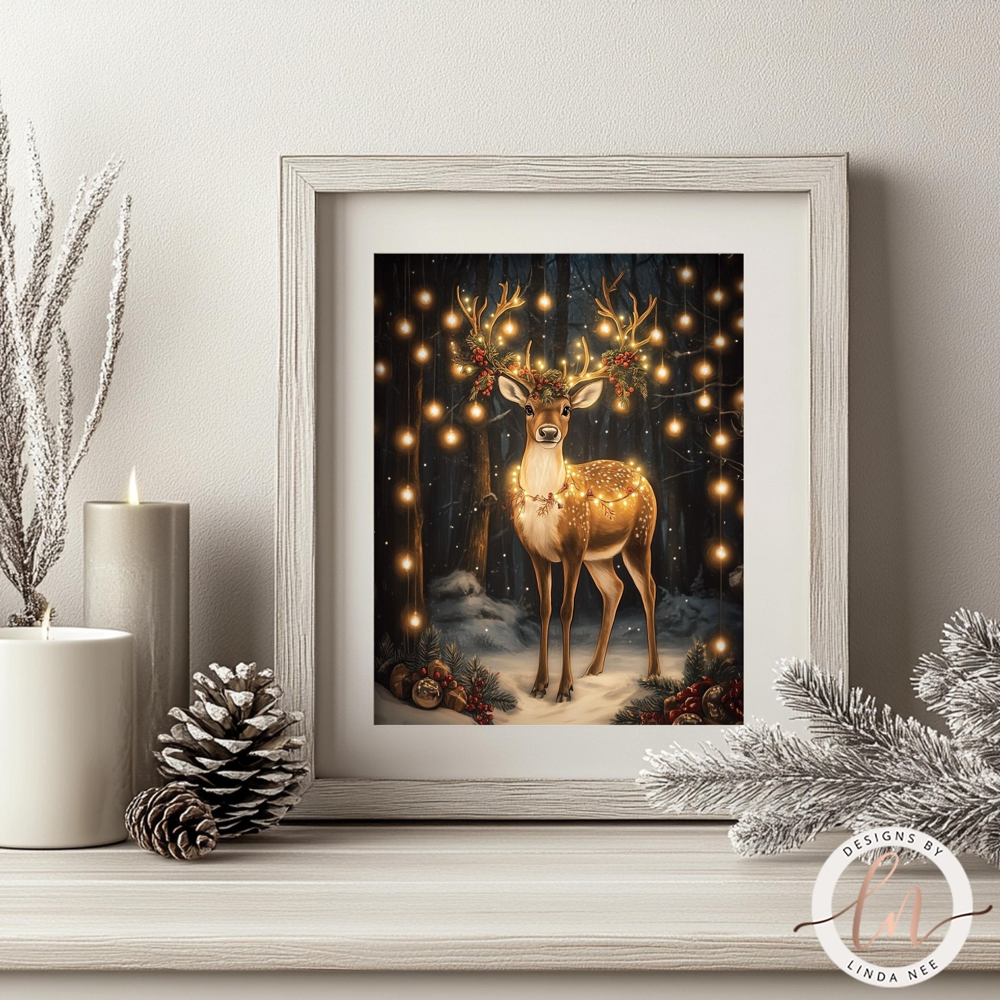 Reindeer with Lights Christmas Art - Metal & Fine Art Print