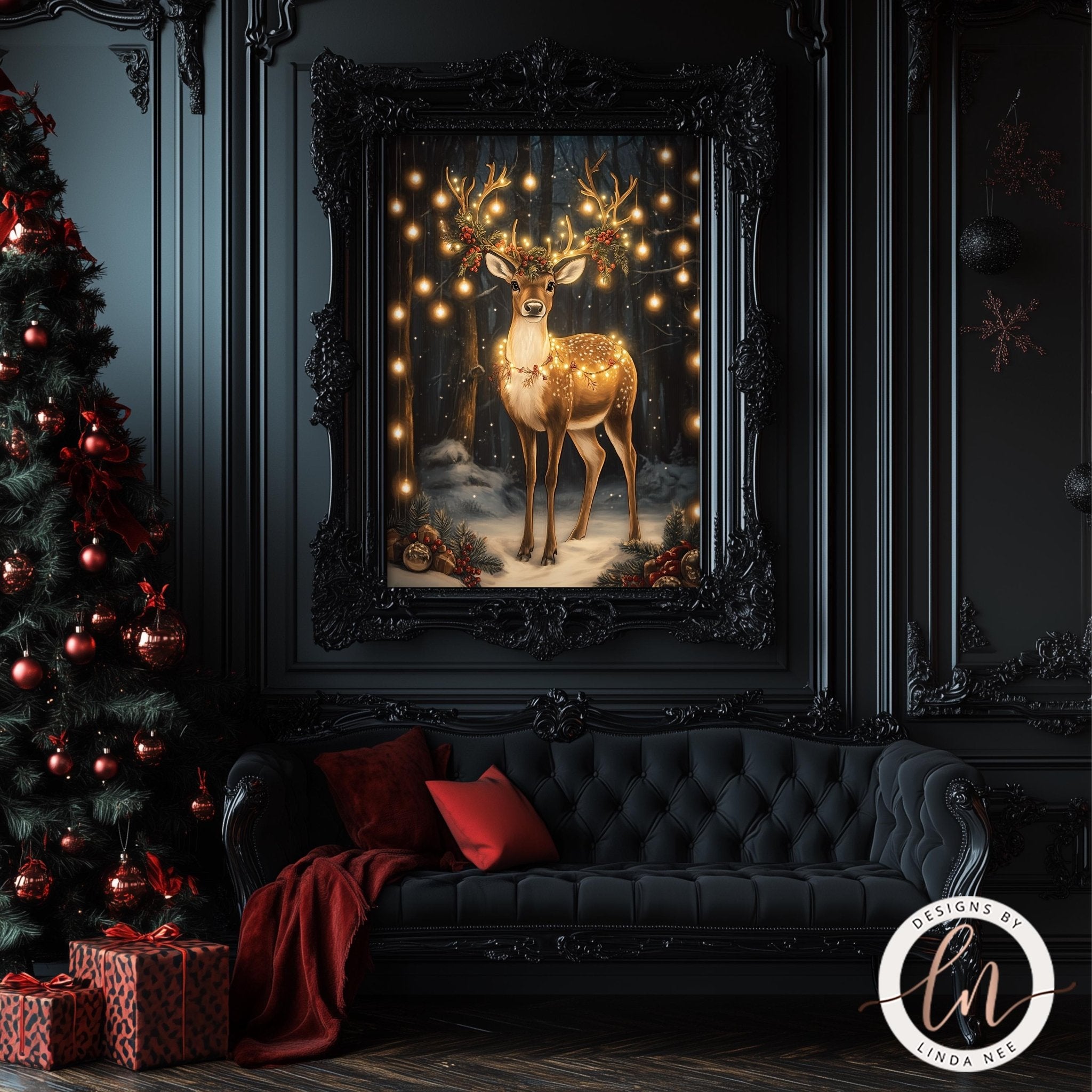 Reindeer with Lights Christmas Art - Metal & Fine Art Print